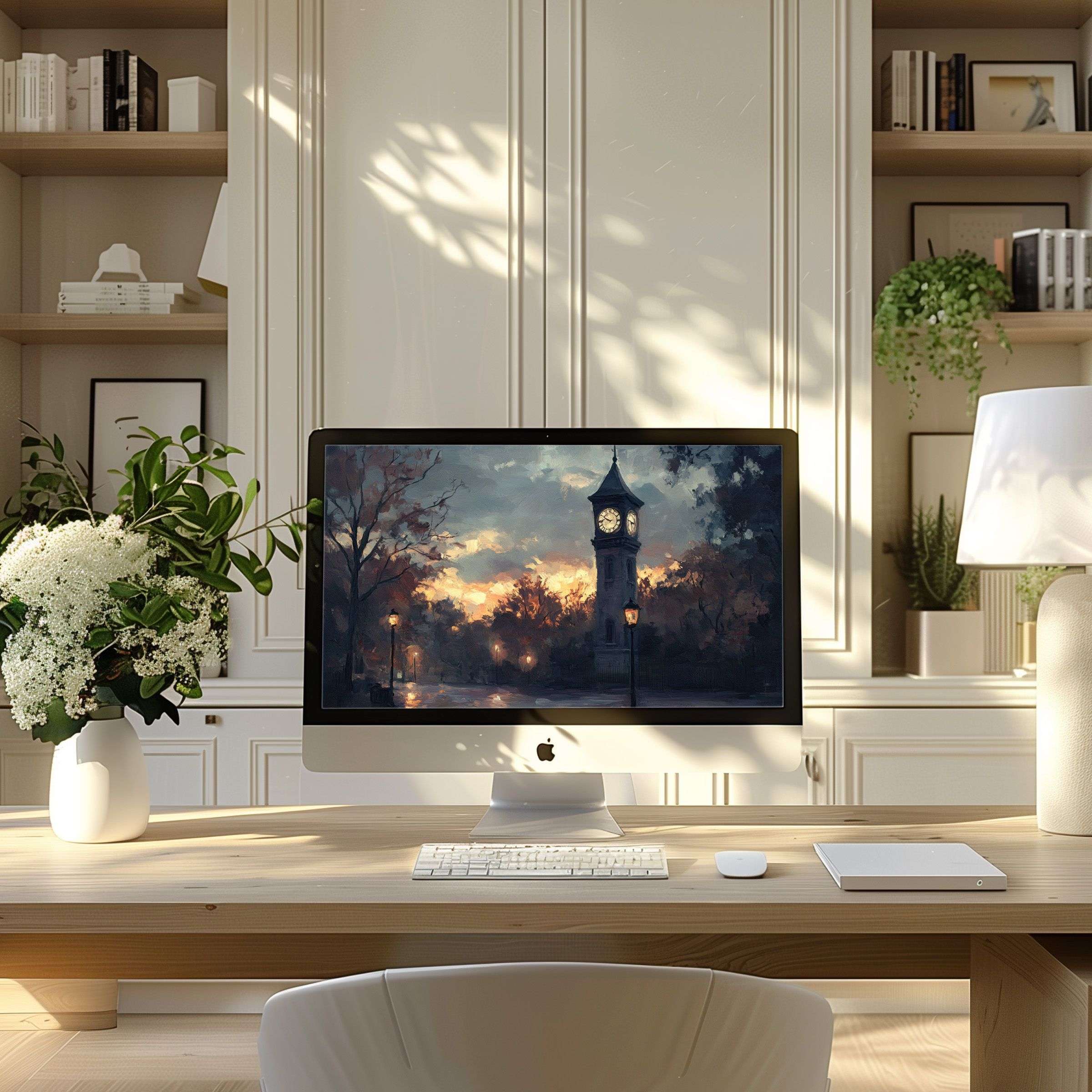 Elegant landscape wallpaper for computer, perfect for PC or laptop, inspires calm and creativity in a modern home office setting