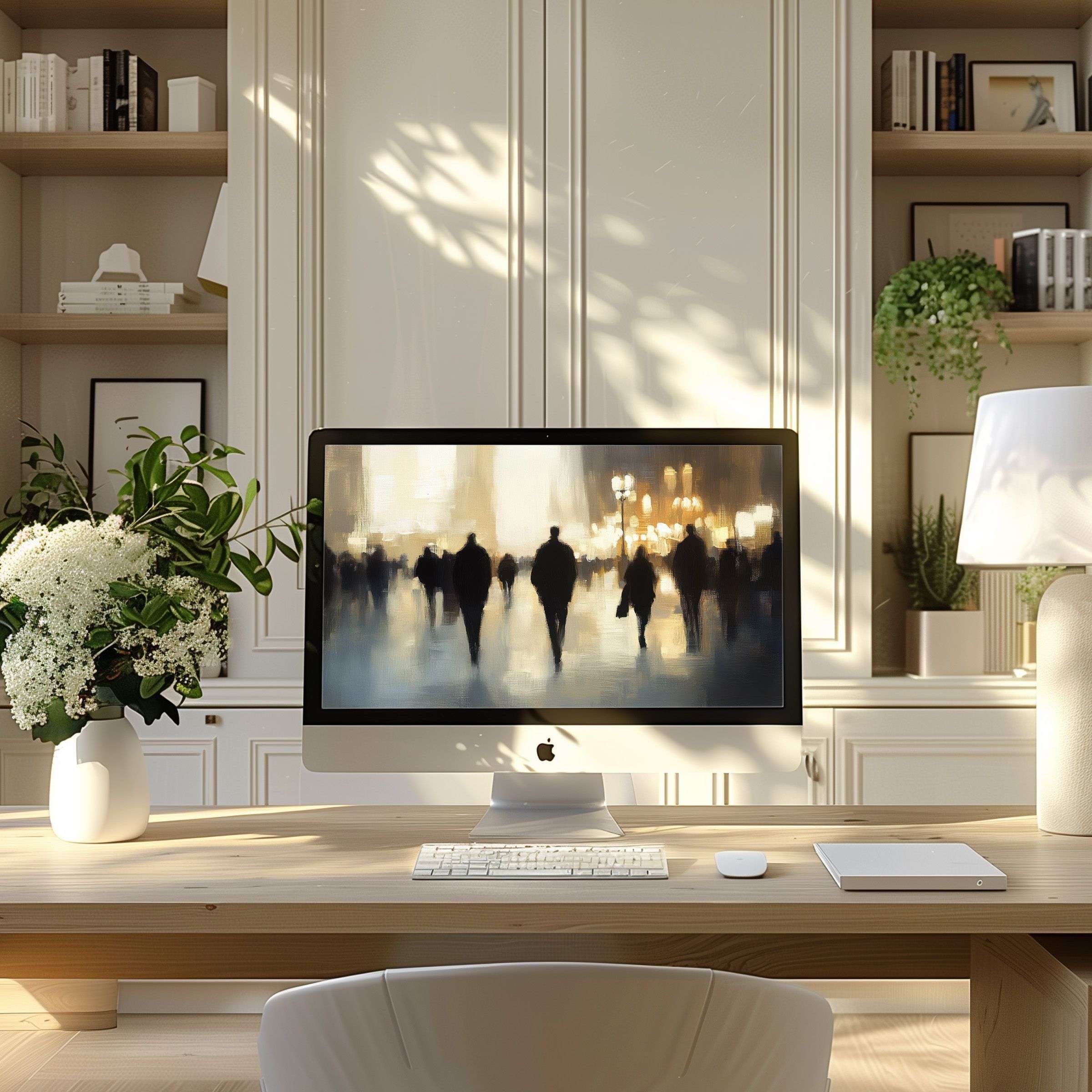 Laptop and PC wallpaper for computer featuring serene abstract figures in motion, enhancing modern office with elegance and calm vibes