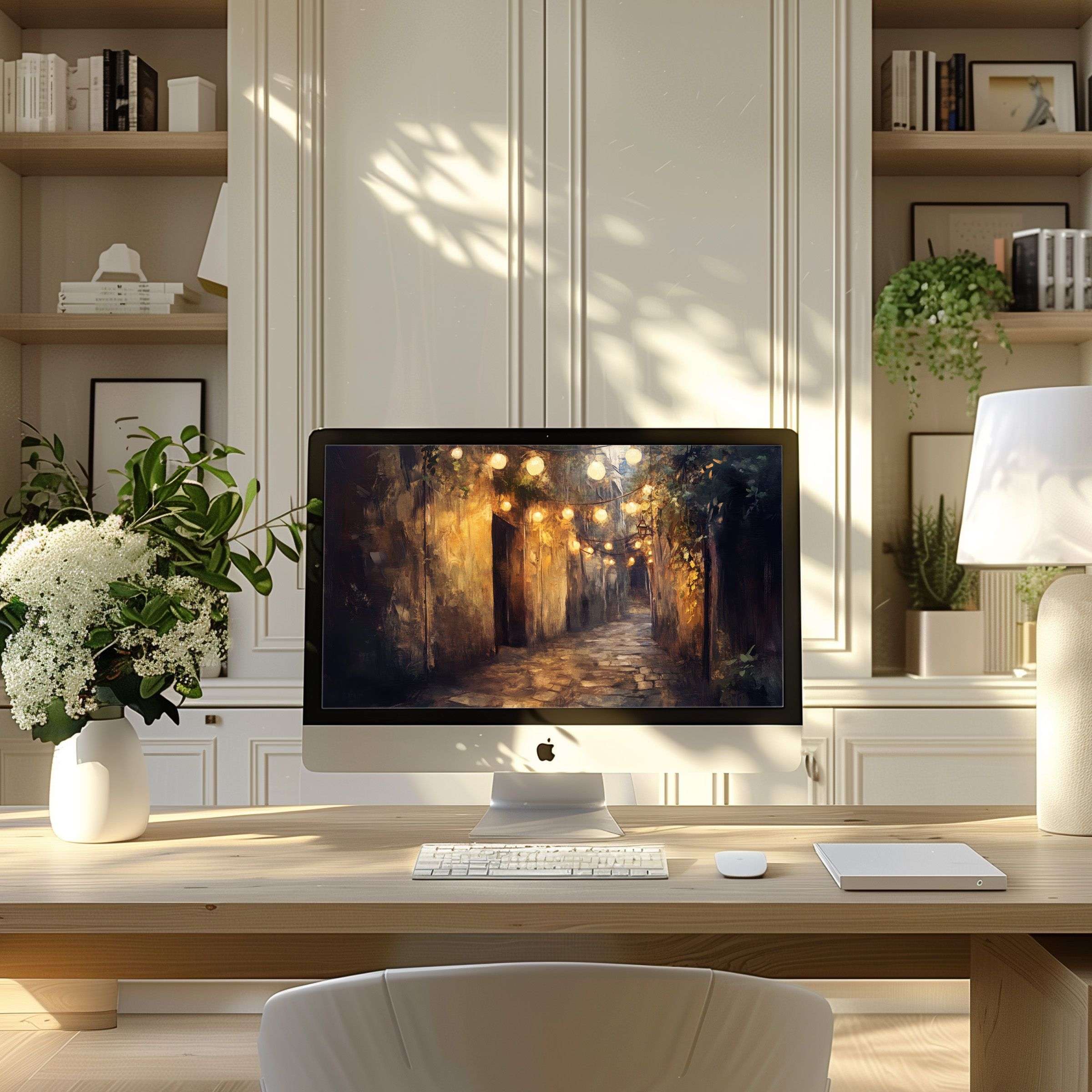 Ambient digital art as wallpaper for computer enhances elegant modern home office, ideal for PC and Laptop users seeking calm inspiration