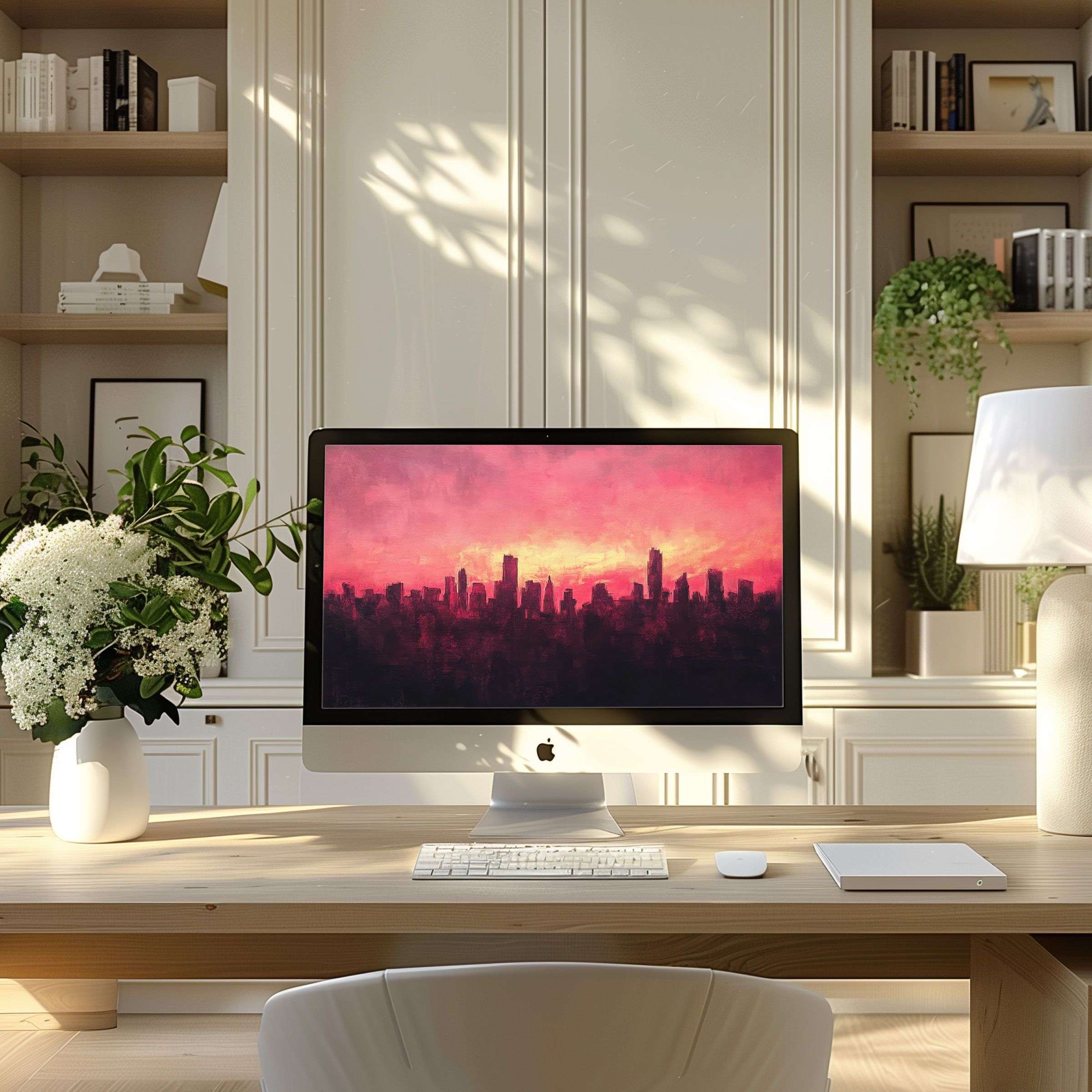 Elegant abstract skyline artwork as wallpaper for computer in a serene modern office setting enhances PC and laptop aesthetics