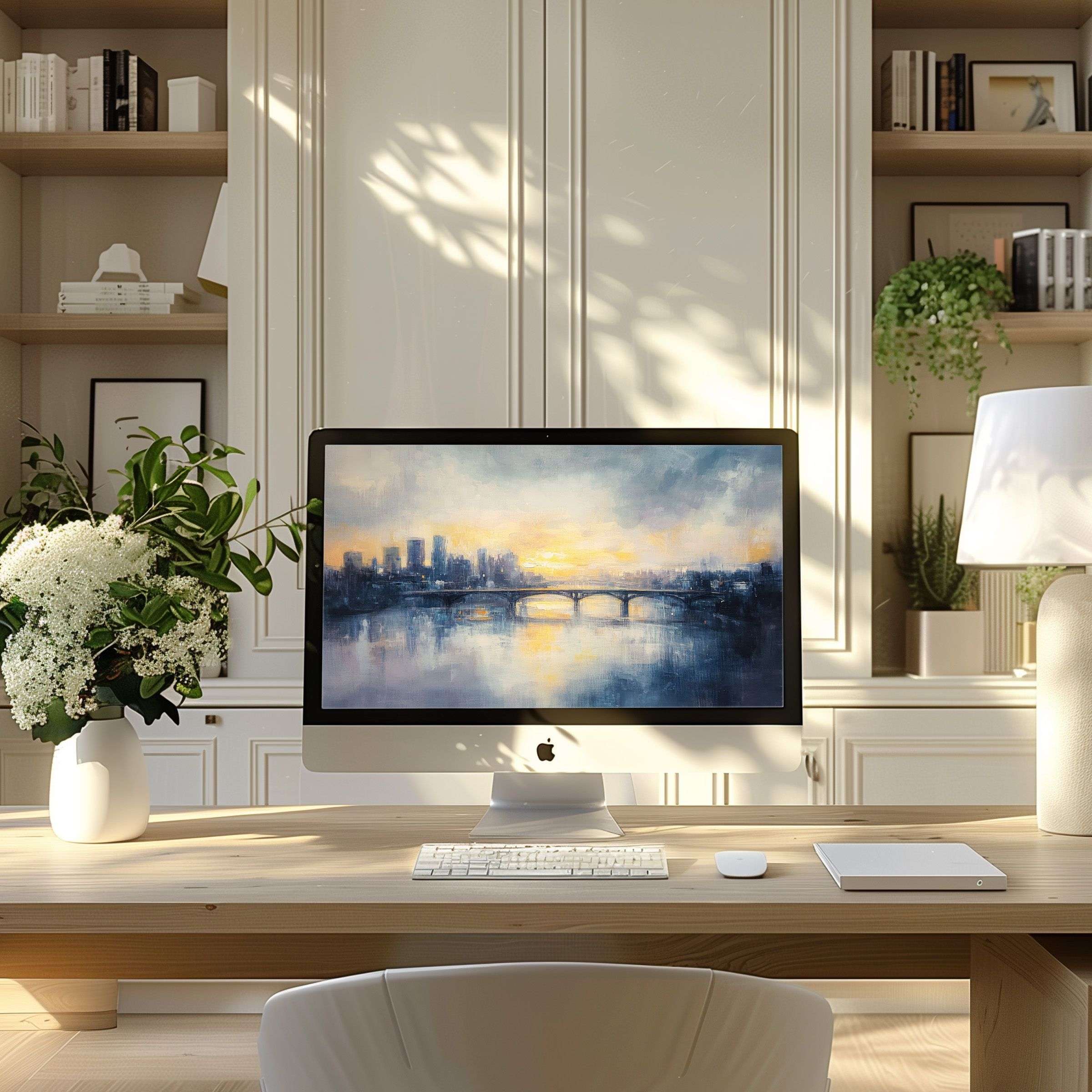 Elegant digital art with serene sunset tones for wallpaper for computer, PC, and laptop in a modern, calm home office setting