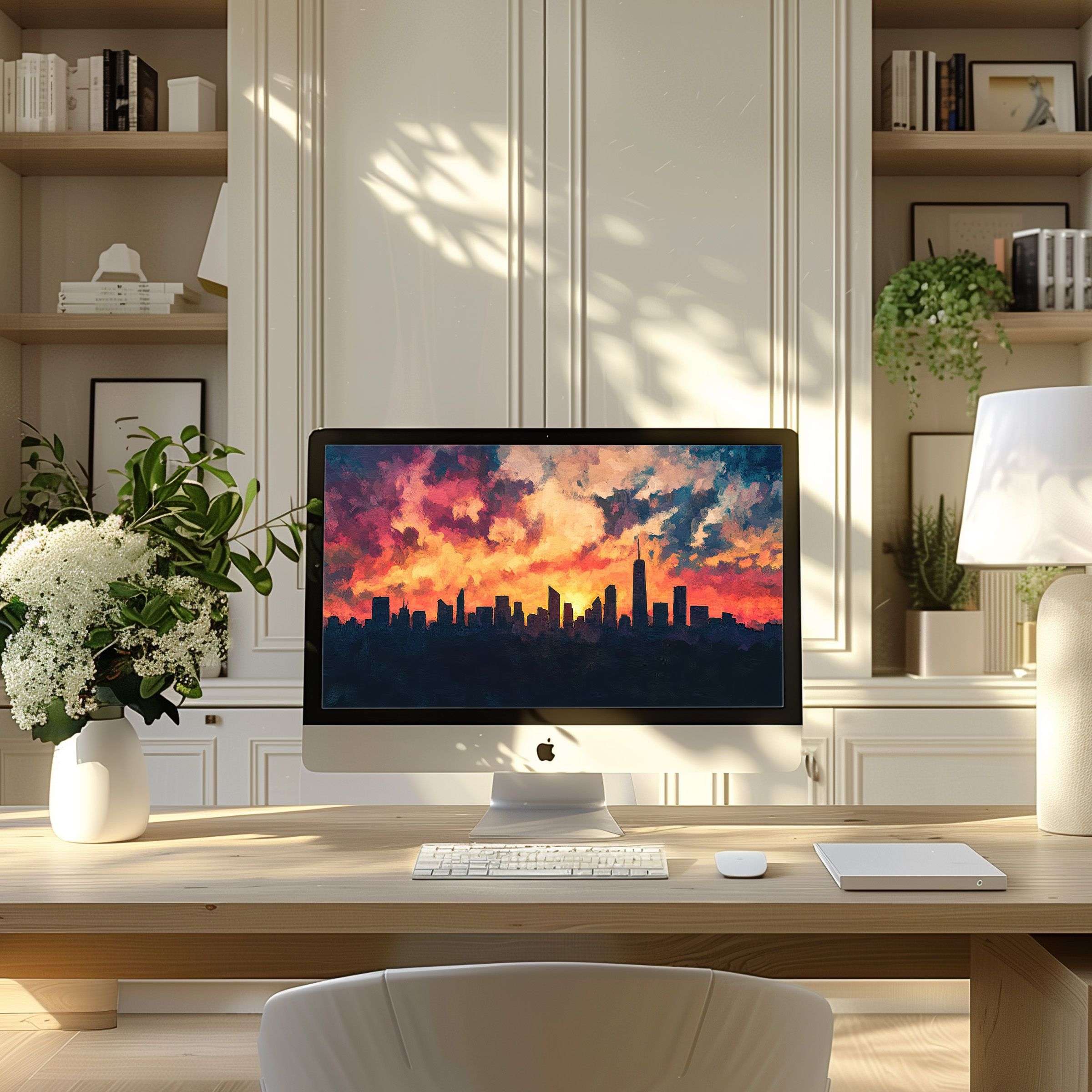 Elegant cityscape digital art, vibrant sunset hues, perfect wallpaper for computer, PC, laptop, inspiring calm, modern office ambiance