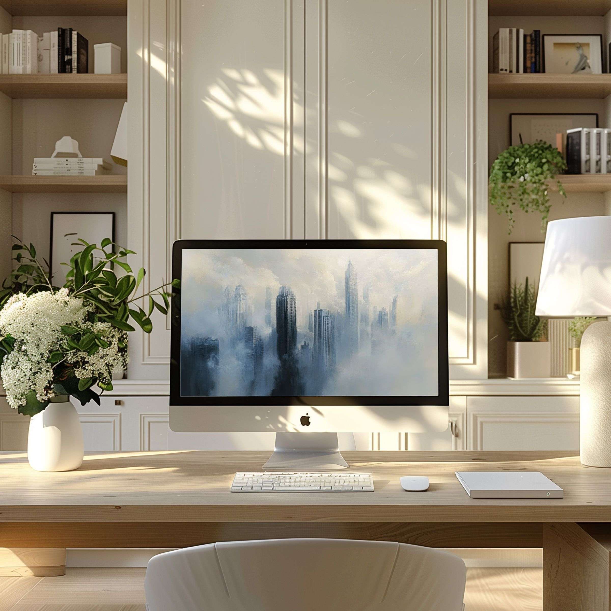 Elegant misty cityscape wallpaper for computer enhances modern PC or laptop setup for serene, sustainable home office inspiration