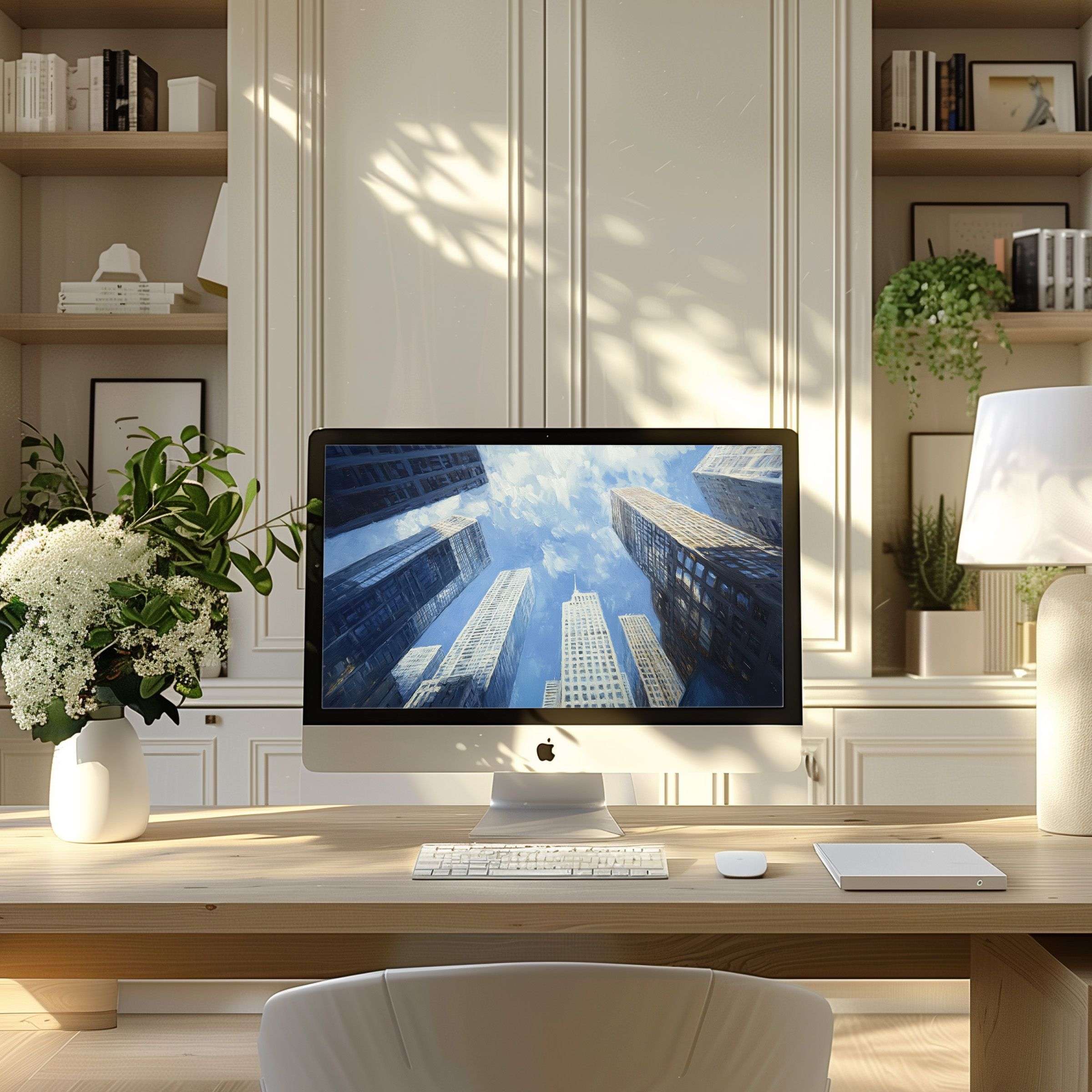 Elegant urban skyline wallpaper for computer and PC adds calm inspiration to any modern laptop home office setting