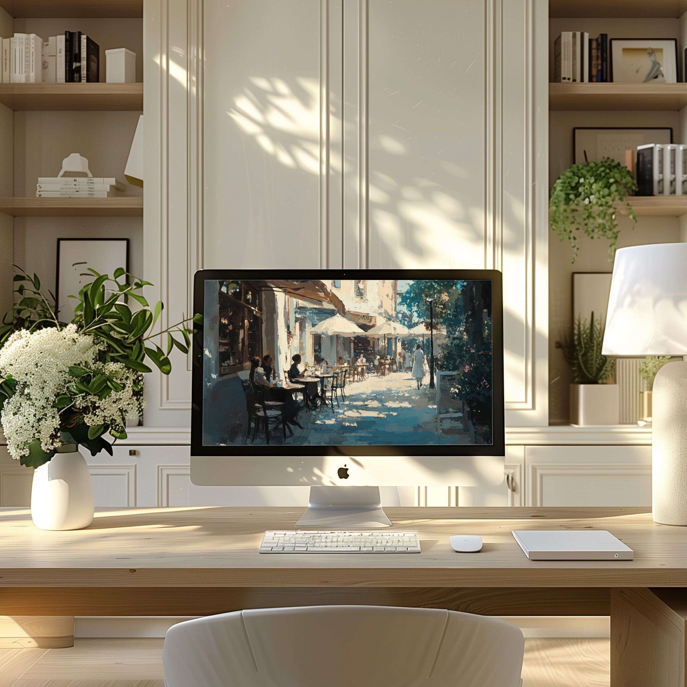 Elegant digital art wallpaper for computer creates a serene atmosphere in a modern home office fits PC and laptop screens