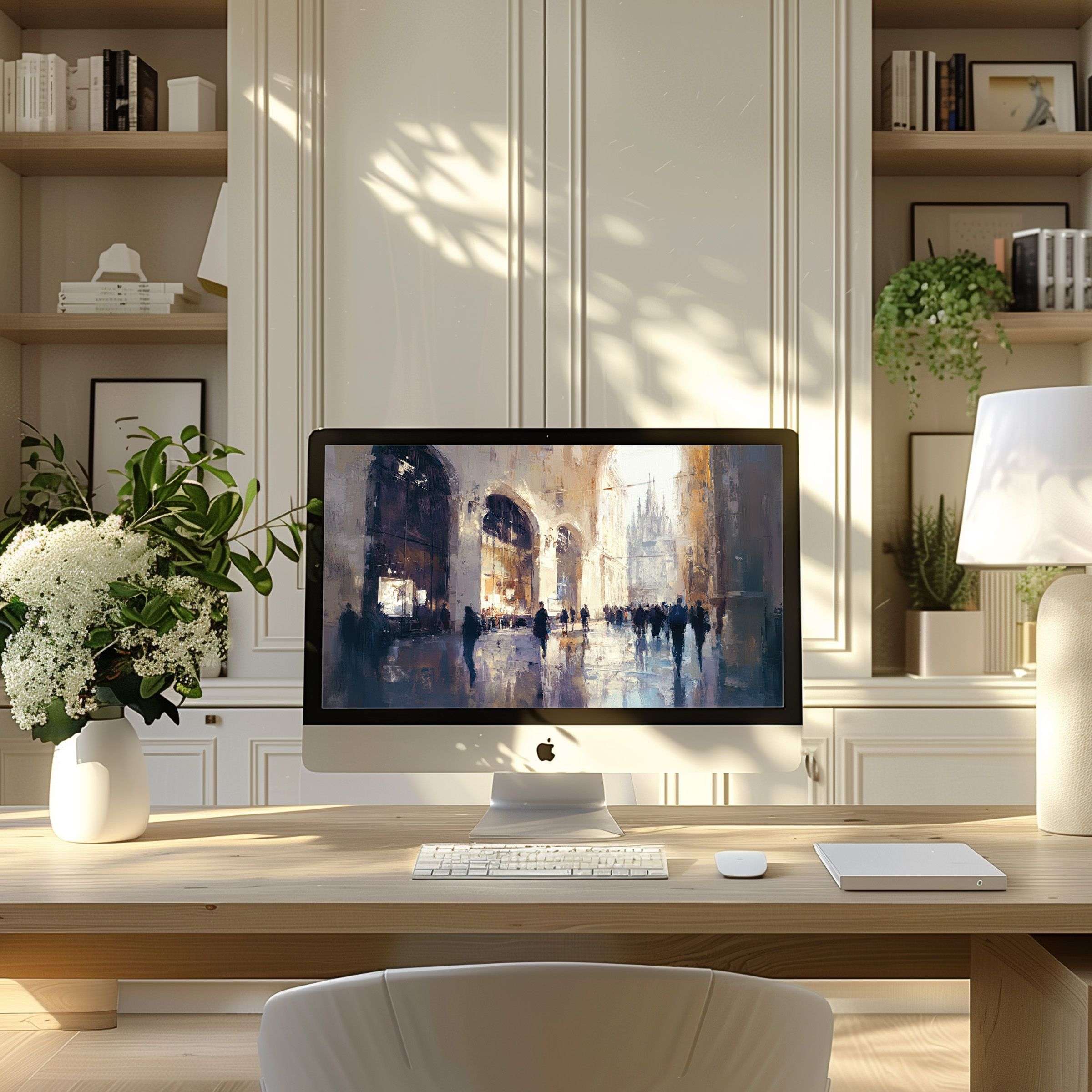 Elegant digital artwork with warm tones brings calm and inspiration as a wallpaper for computer, PC, and laptop in a modern home office