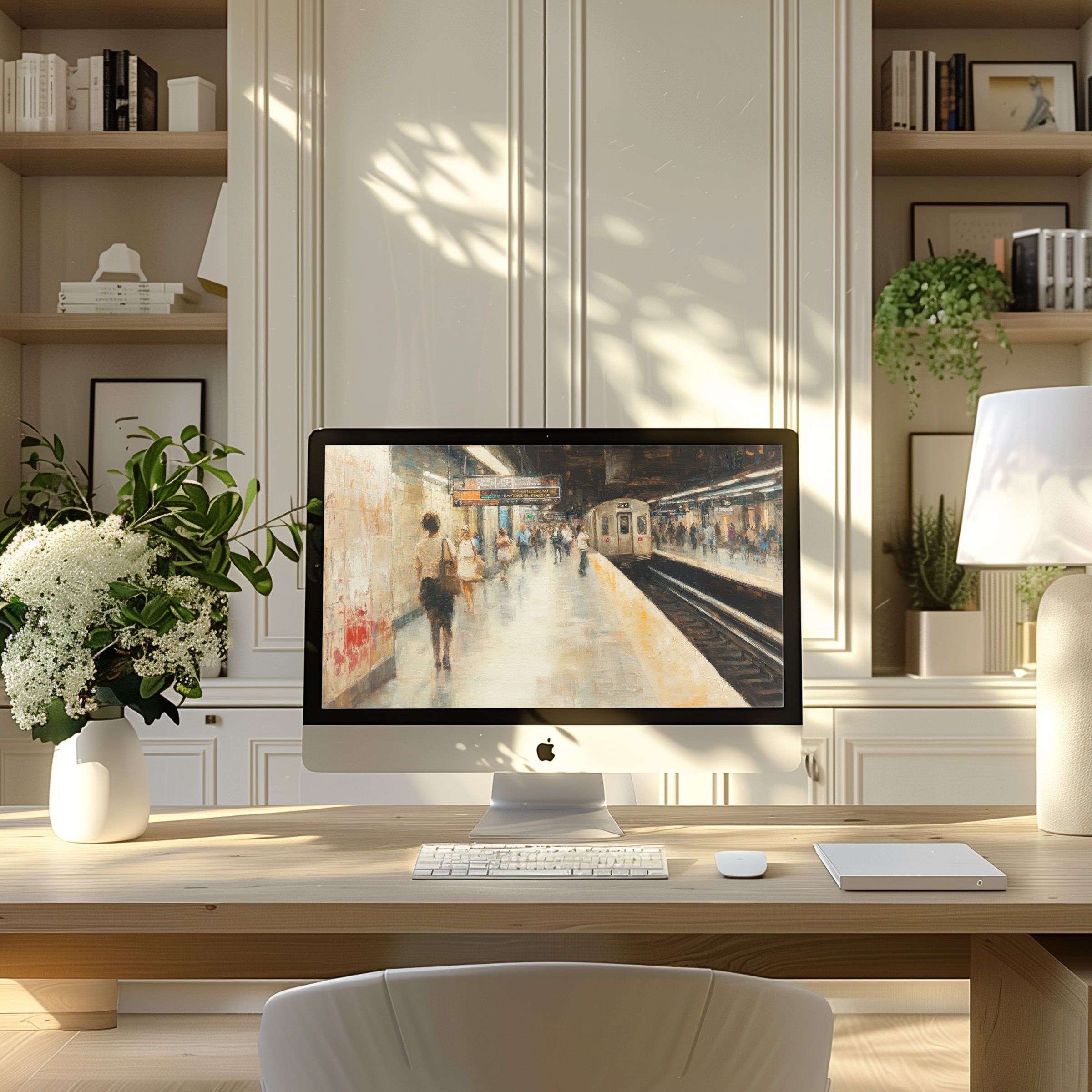 Elegant subway art in soft tones creates a serene wallpaper for computer, PC, and laptop in a chic modern home office setting