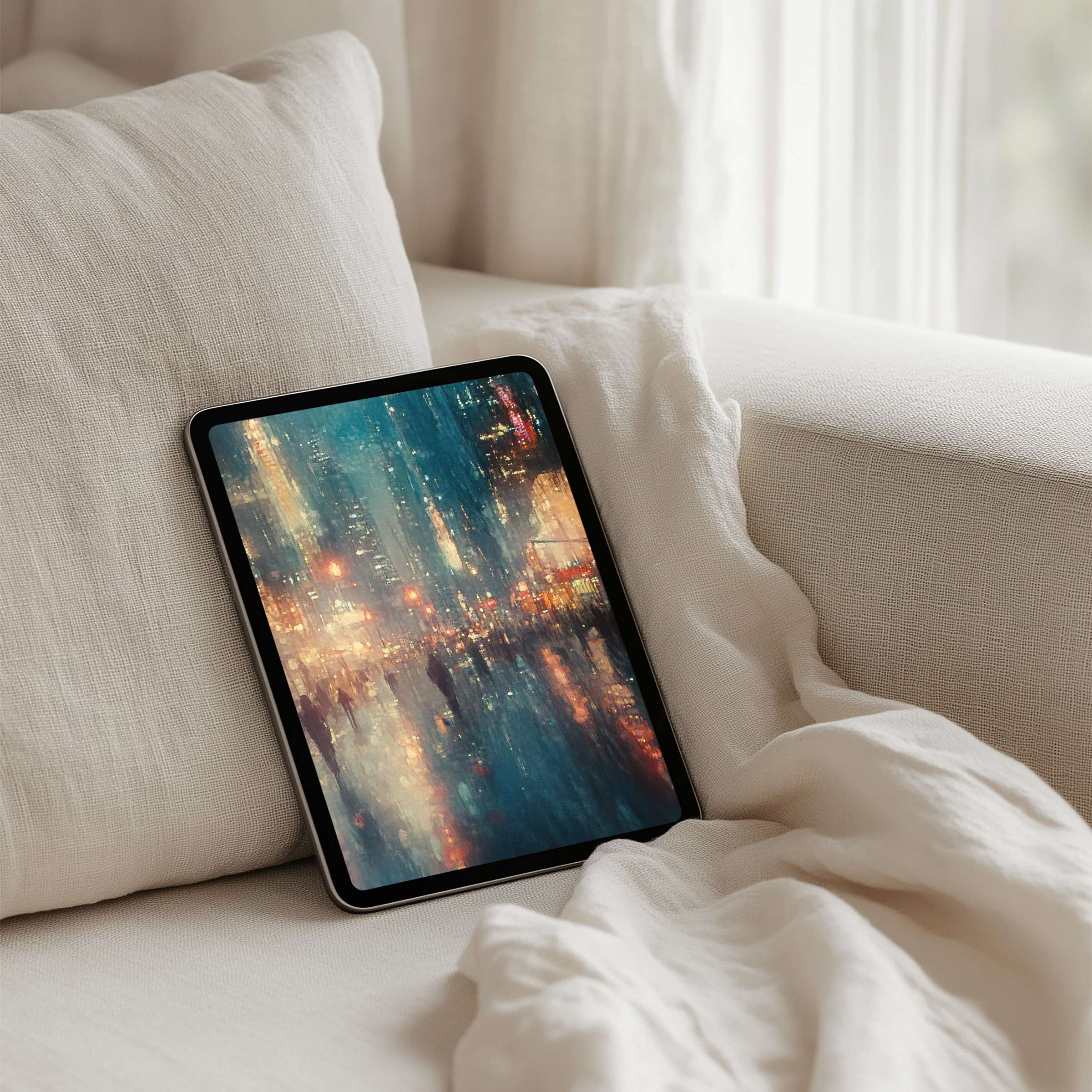 Serene artistic iPad background with calming cityscape, instant download for Samsung and Android tablets, enhancing mindful elegance