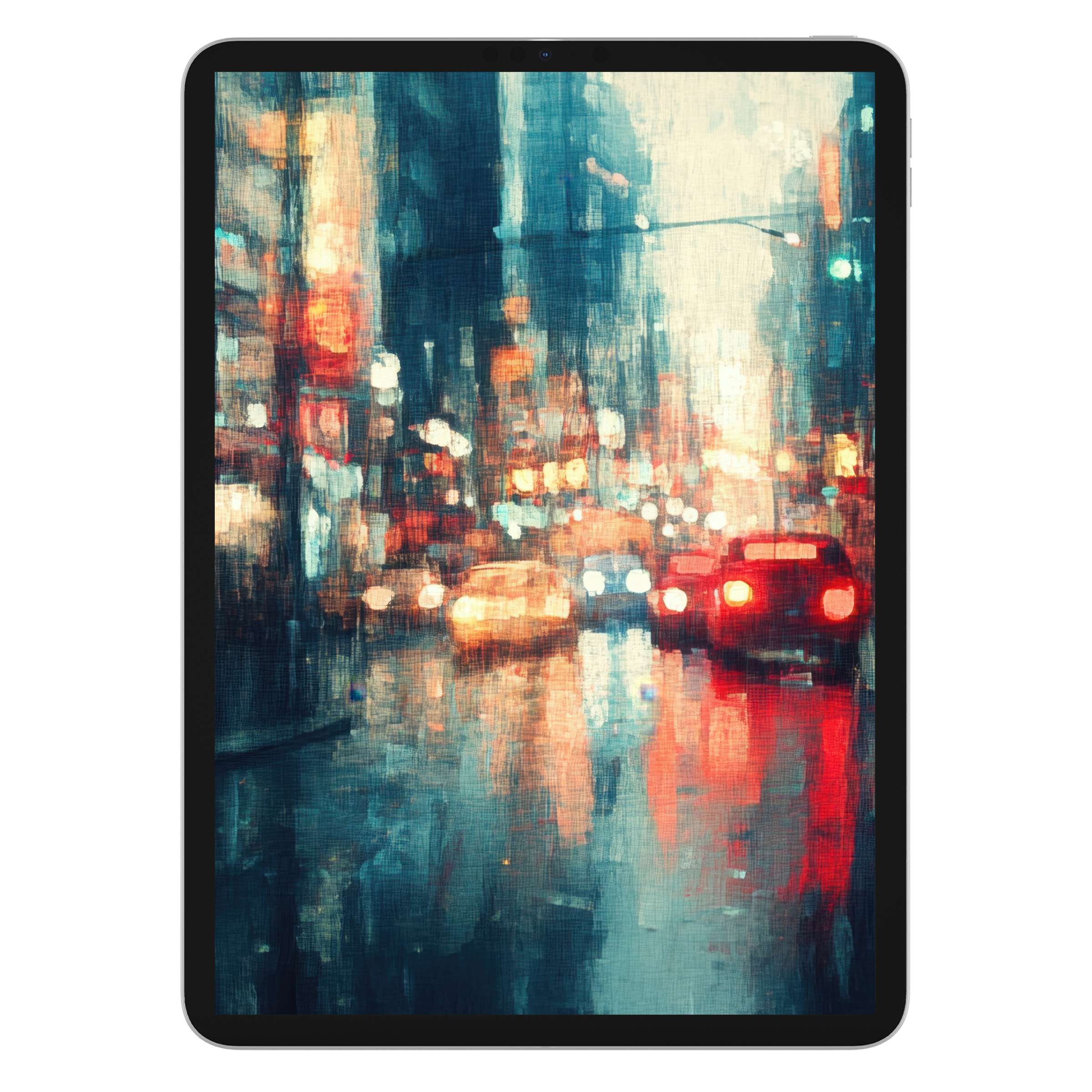 Urban art iPad wallpaper with vibrant city lights in impressionistic style, ideal digital download for tablet background tranquility