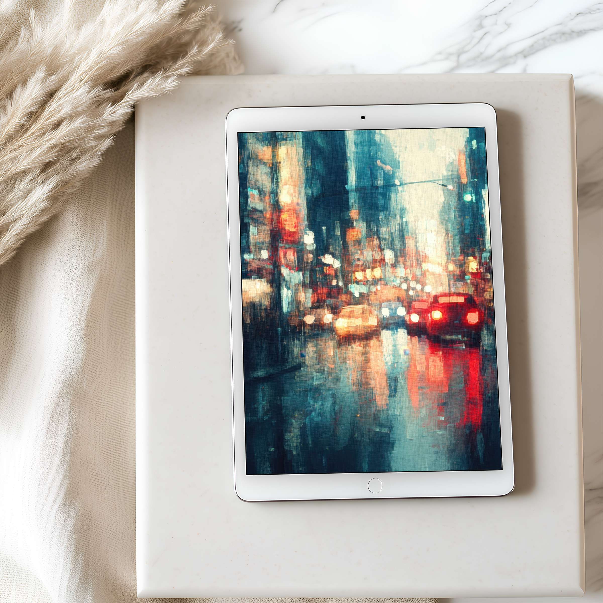 City lights digital art tablet wallpaper offering high resolution beauty with blurred urban motifs on iPad for serene decor transformation
