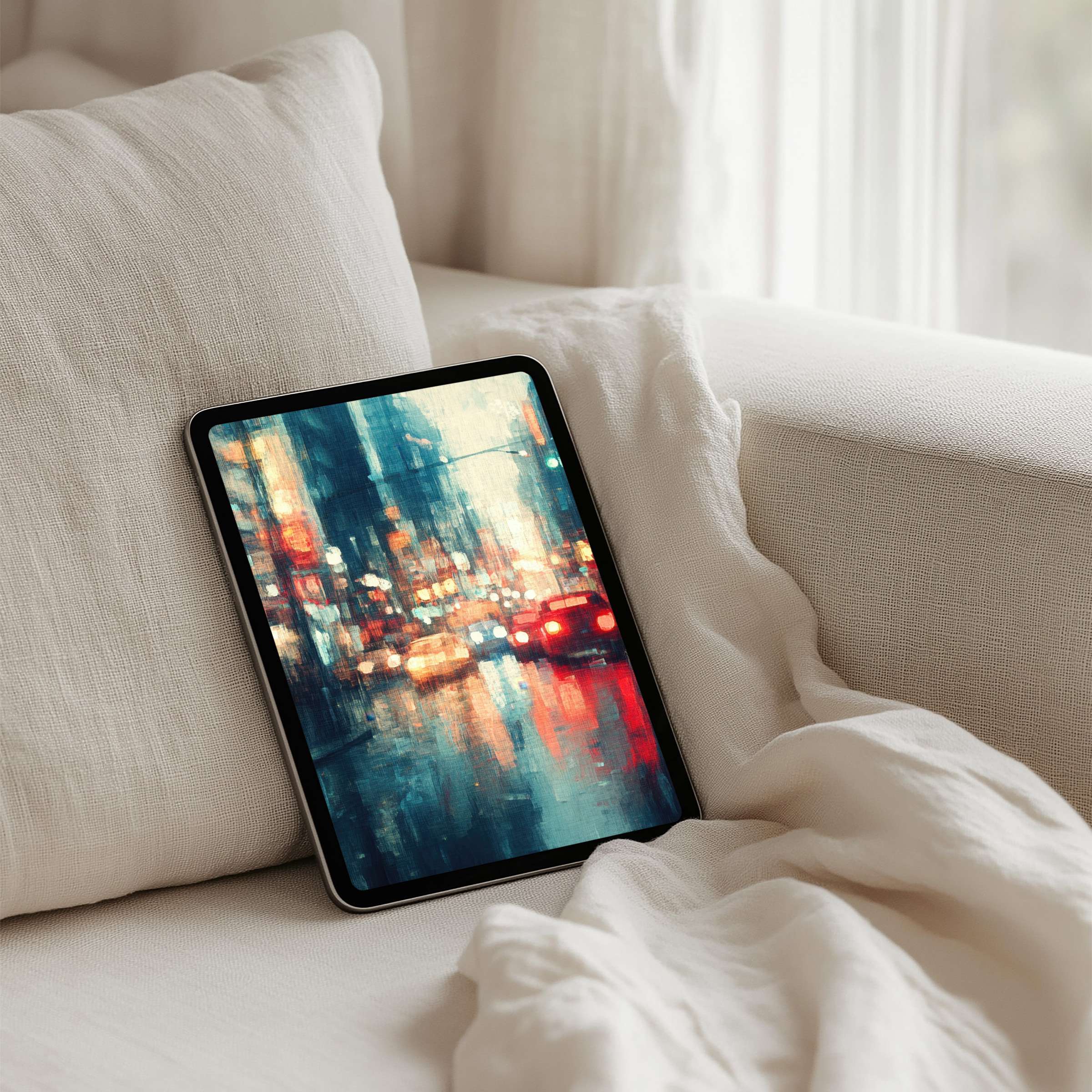 Elegant watercolor iPad background on a cozy couch inspires calm and mindfulness with instant download for all tablets