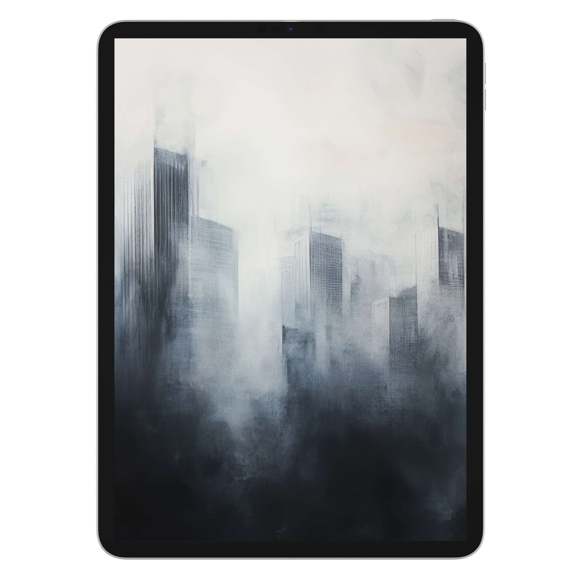 Serene urban art iPad wallpaper depicting a misty cityscape, perfect digital download for tablet backgrounds, infusing calm elegance