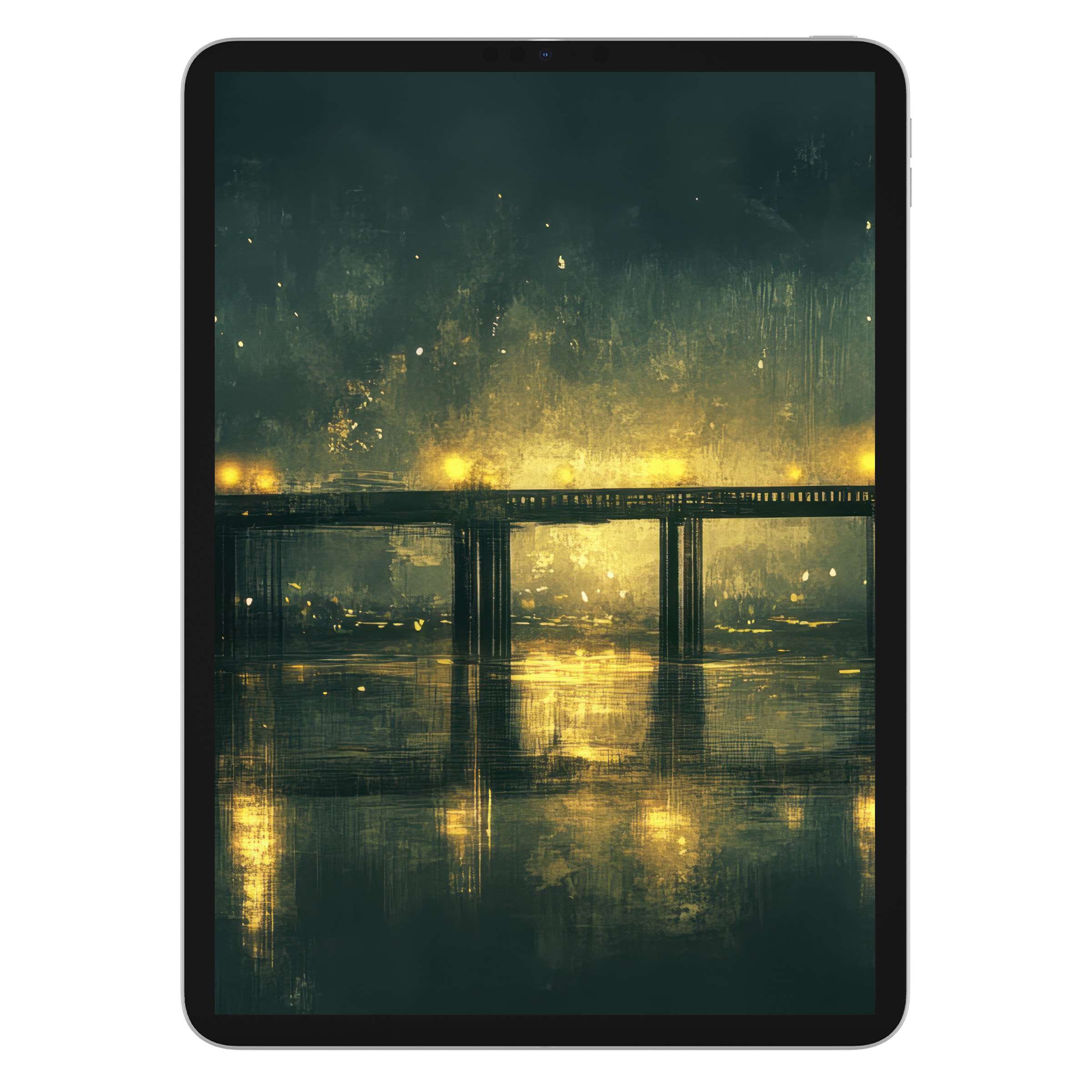 Urban art iPad wallpaper with a serene night bridge scene in warm hues offers an elegant digital download background for any tablet