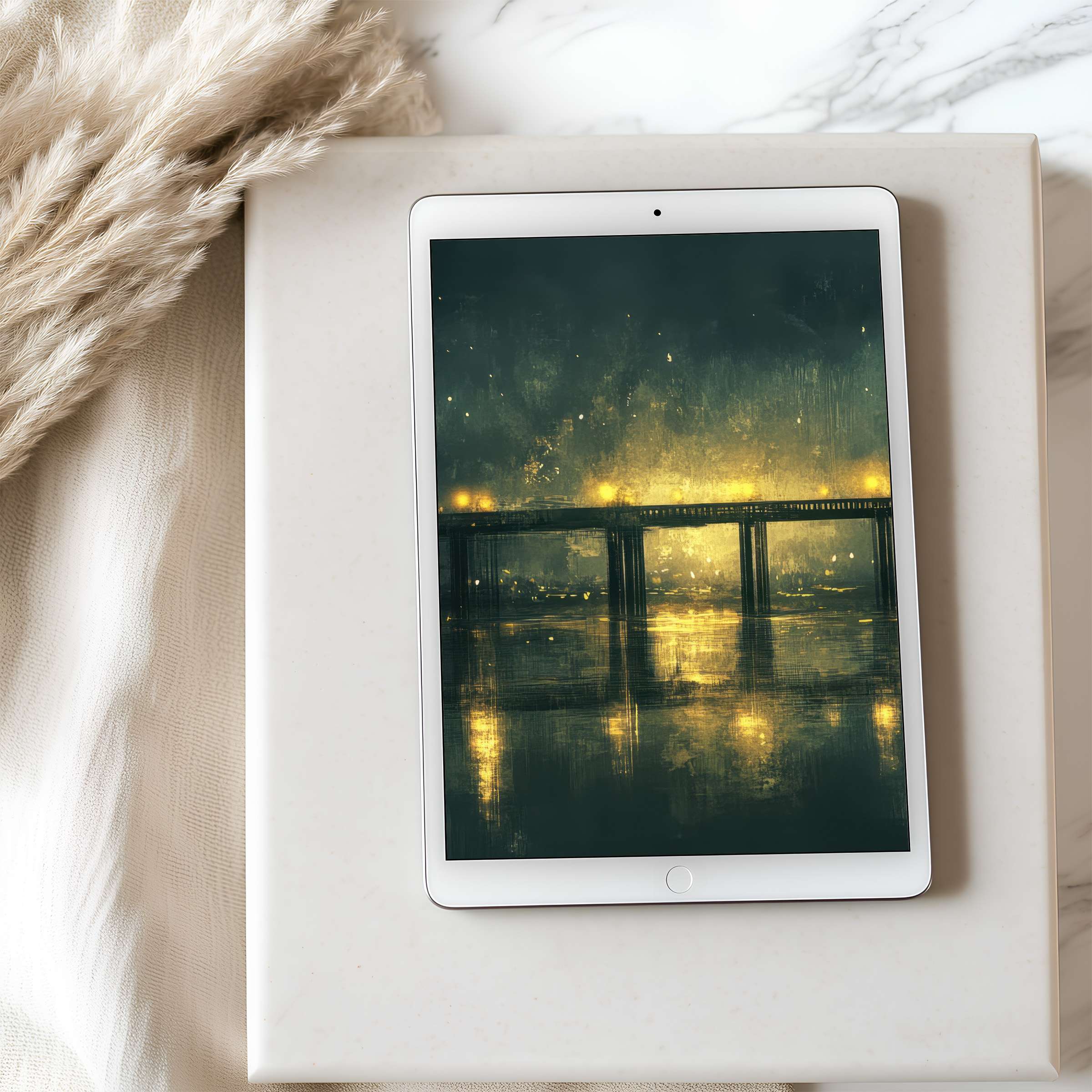 Elegant tablet wallpaper with an abstract night bridge scene, ideal for iPad and Android in high resolution, digital download