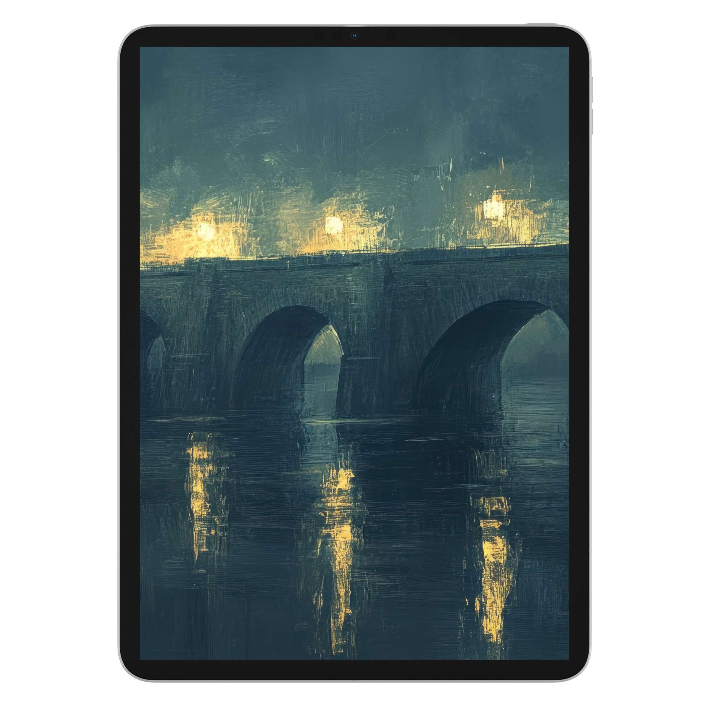 Urban art iPad wallpaper featuring a serene bridge night scene in rich blues and golds, perfect digital download background for tablets