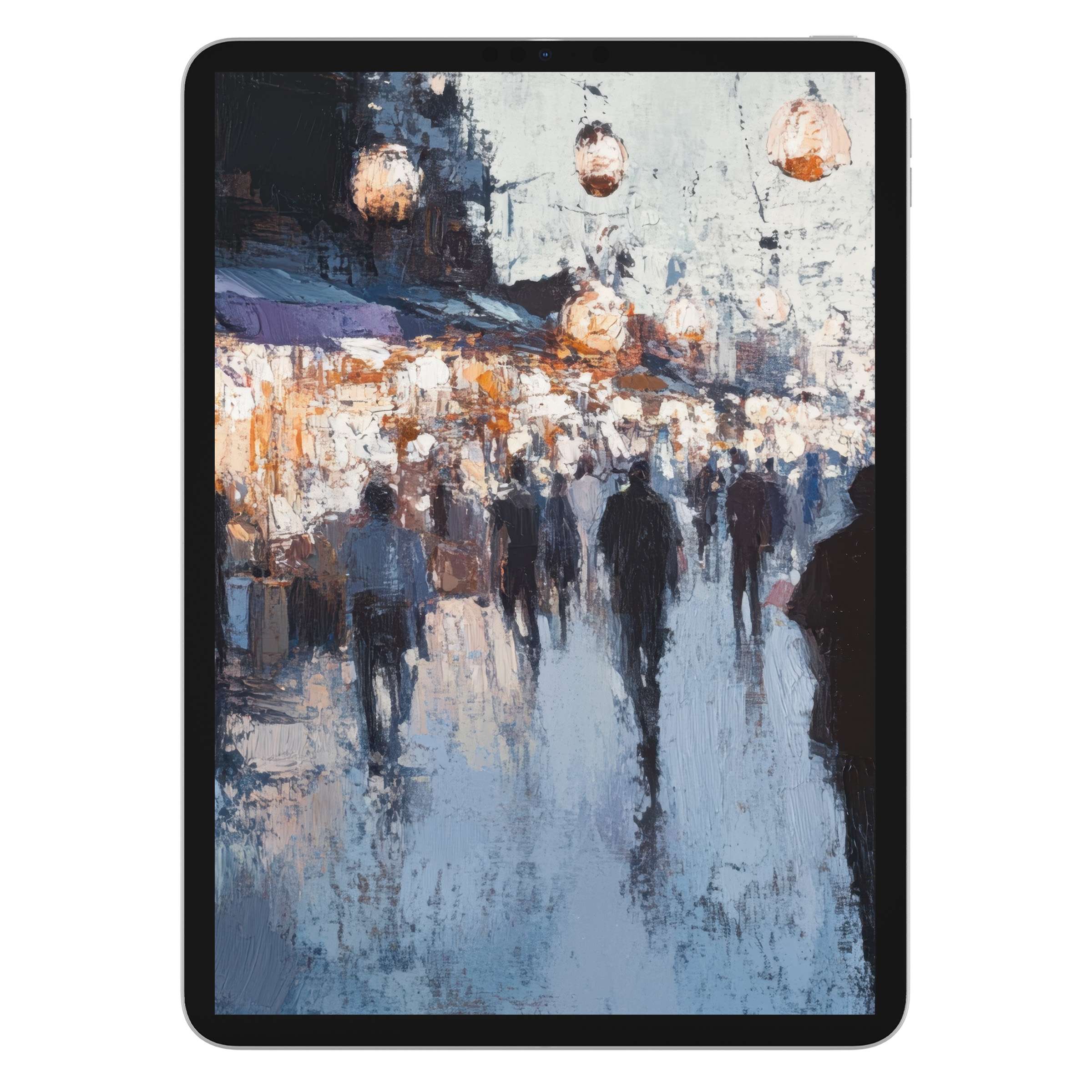 Urban art iPad wallpaper with abstract city lights and figures in cool blues and warm tones, perfect digital download for tablet background