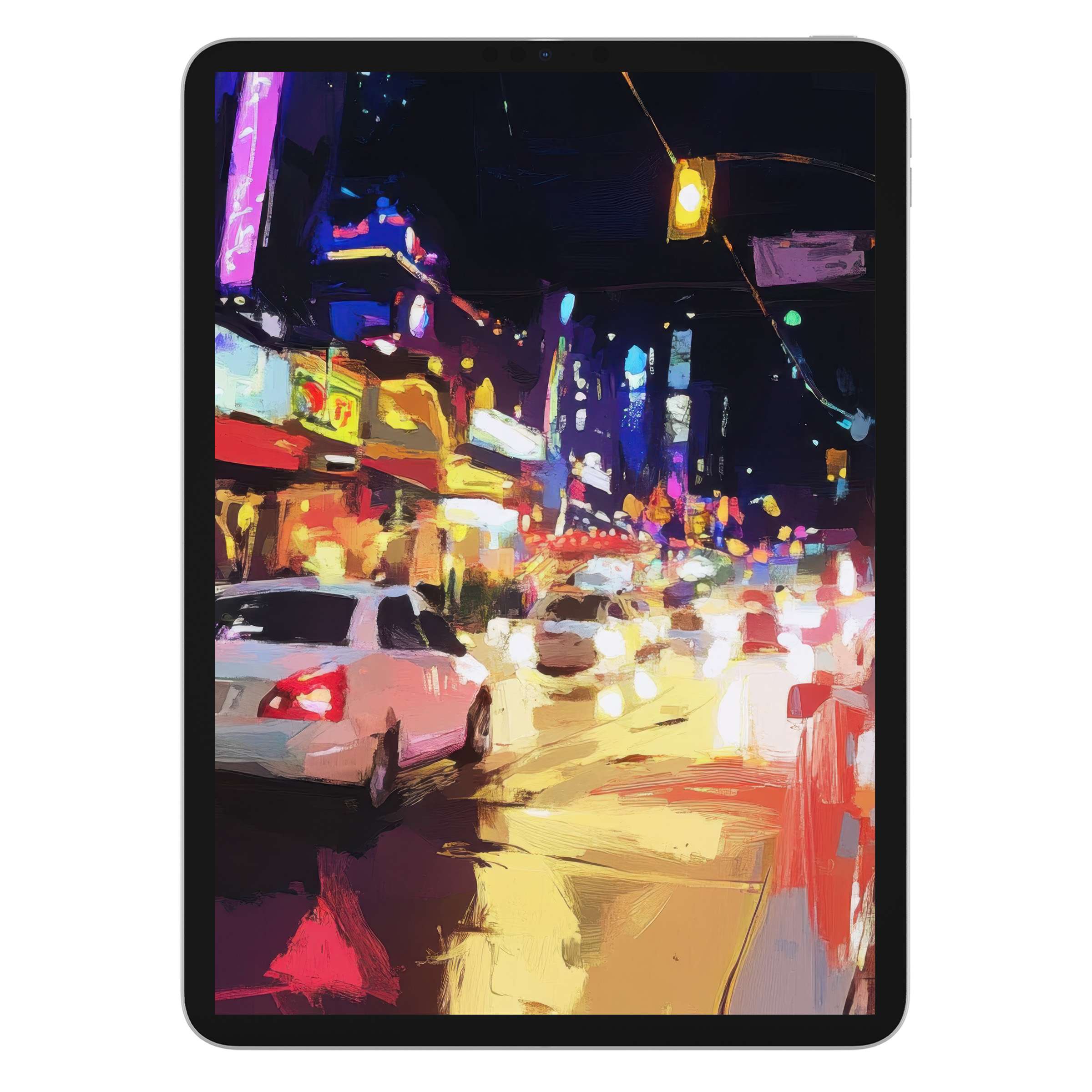 Vibrant urban art iPad wallpaper with digital download, capturing night cityscape in vivid colors, perfect tablet background for serenity