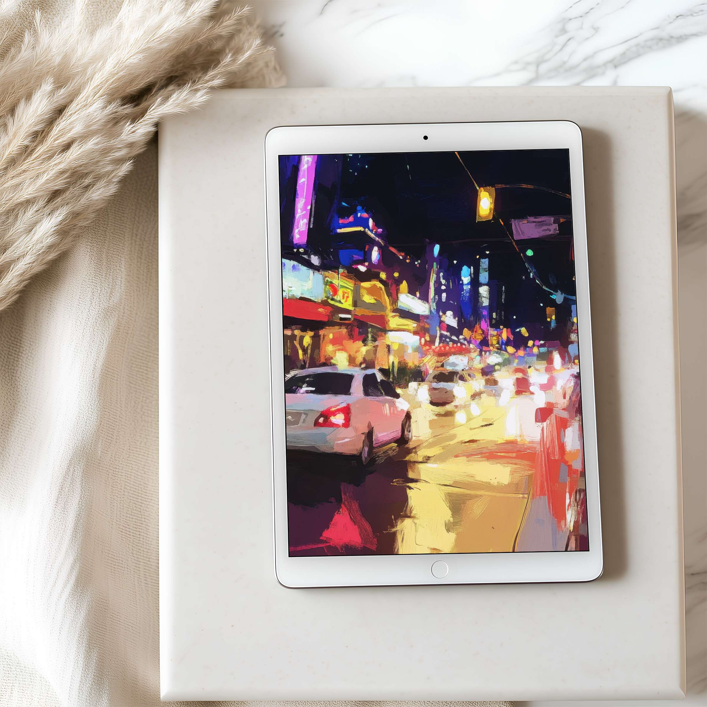 Elegant tablet wallpaper featuring vibrant city lights in an abstract style, perfect for iPad use, offering a tranquil digital download option
