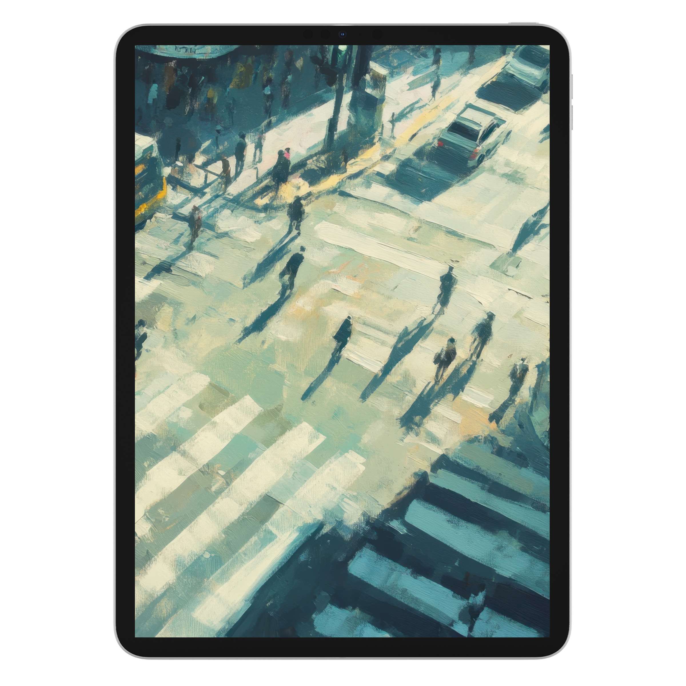 Inspiring urban art iPad wallpaper with abstract cityscape in soft blues and greens, perfect digital download for tablet background