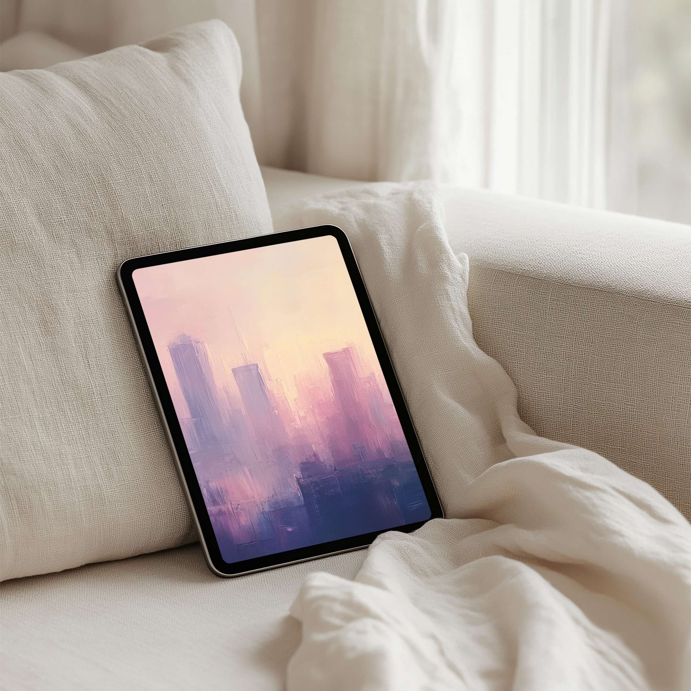 Serene abstract painting in soft pinks and purples as an iPad background perfect for tablet users seeking calm, instant download