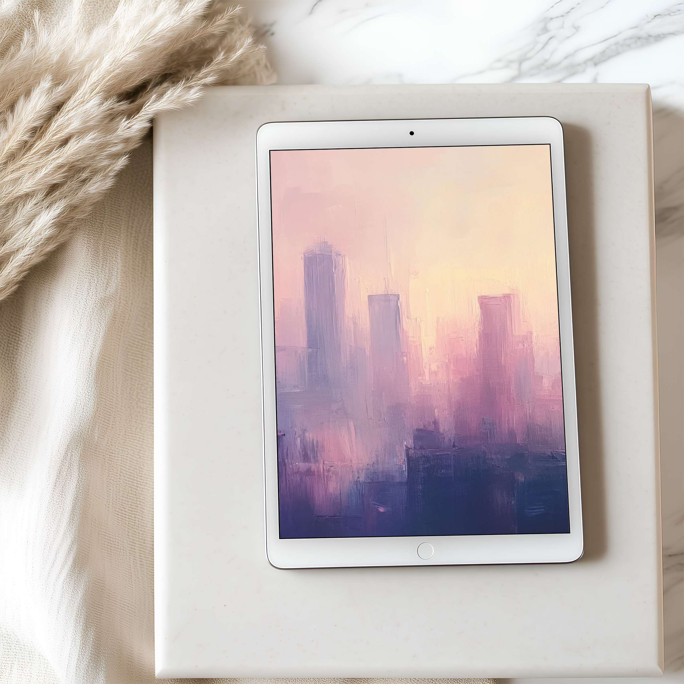 Elegant high-resolution tablet wallpaper with a serene pastel cityscape motif, perfect for iPad or Android tablet digital download