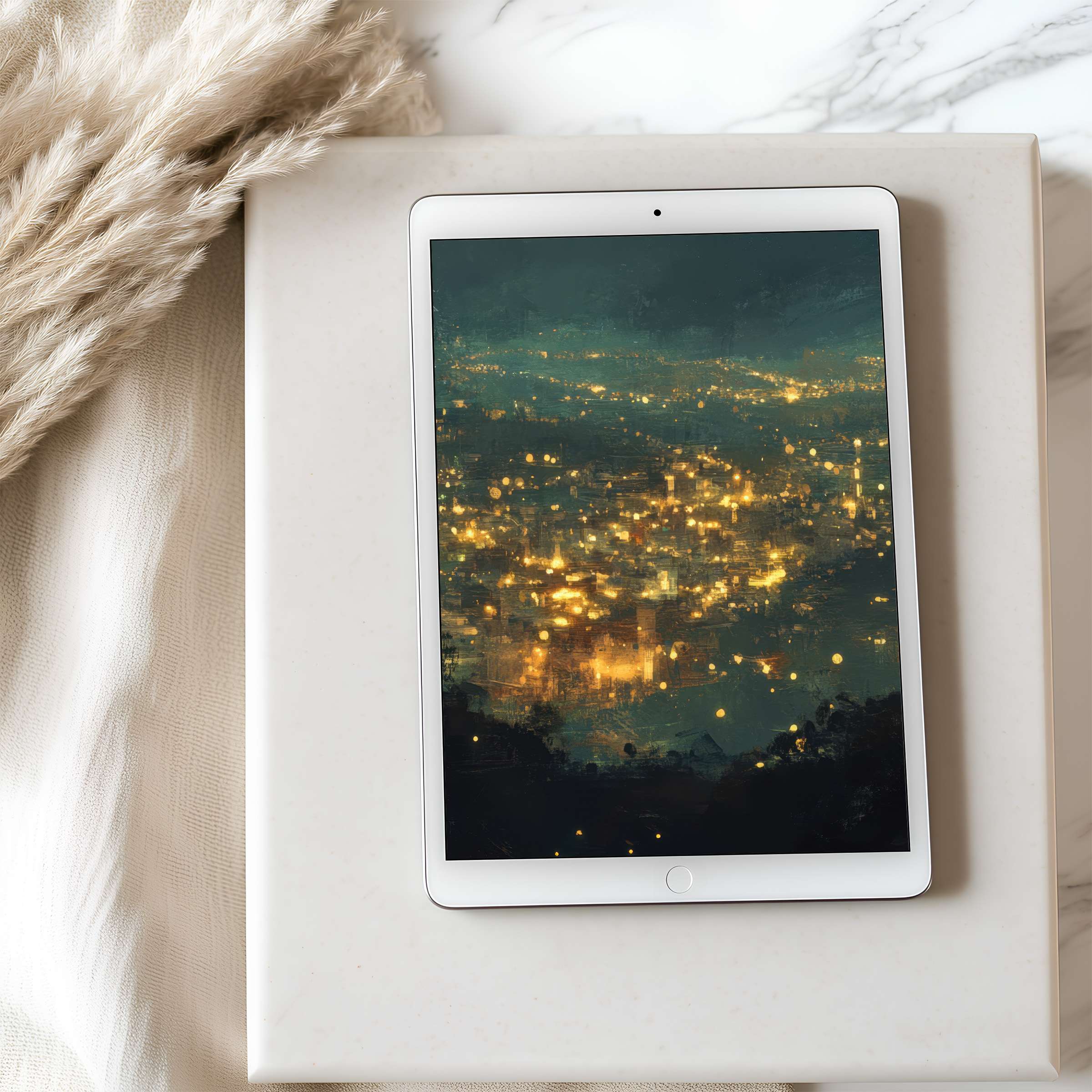 Curated tablet wallpaper featuring a serene cityscape with golden lights in high resolution, perfect for calm digital downloads on iPad and more