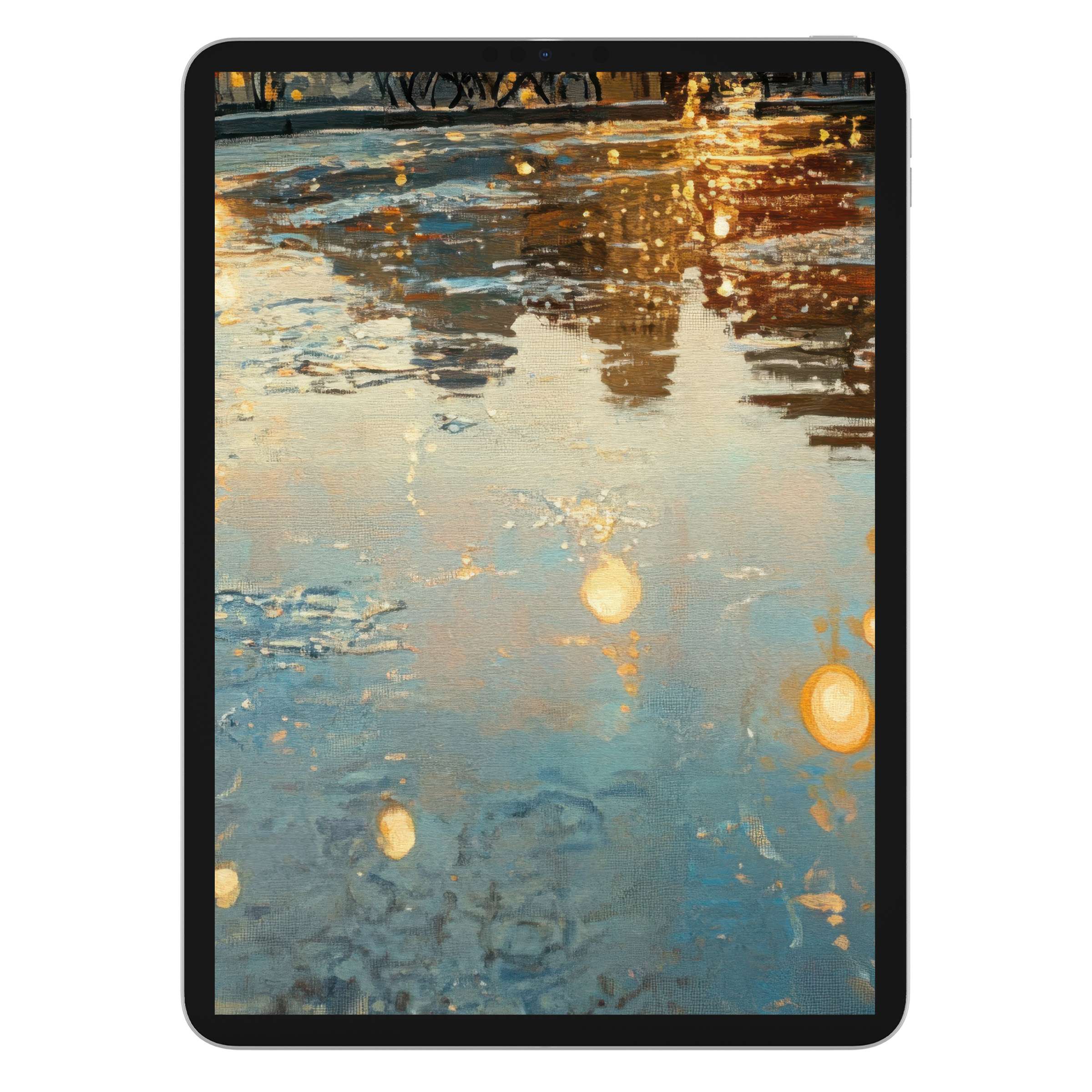 Urban art iPad wallpaper showcasing a serene cityscape reflection with warm lights, perfect tablet background and digital download