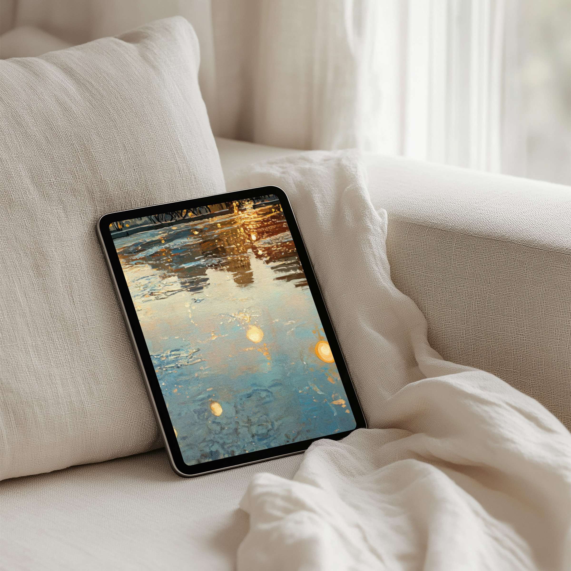Serene iPad background of golden reflections and water textures for instant download to inspire elegance on any tablet device
