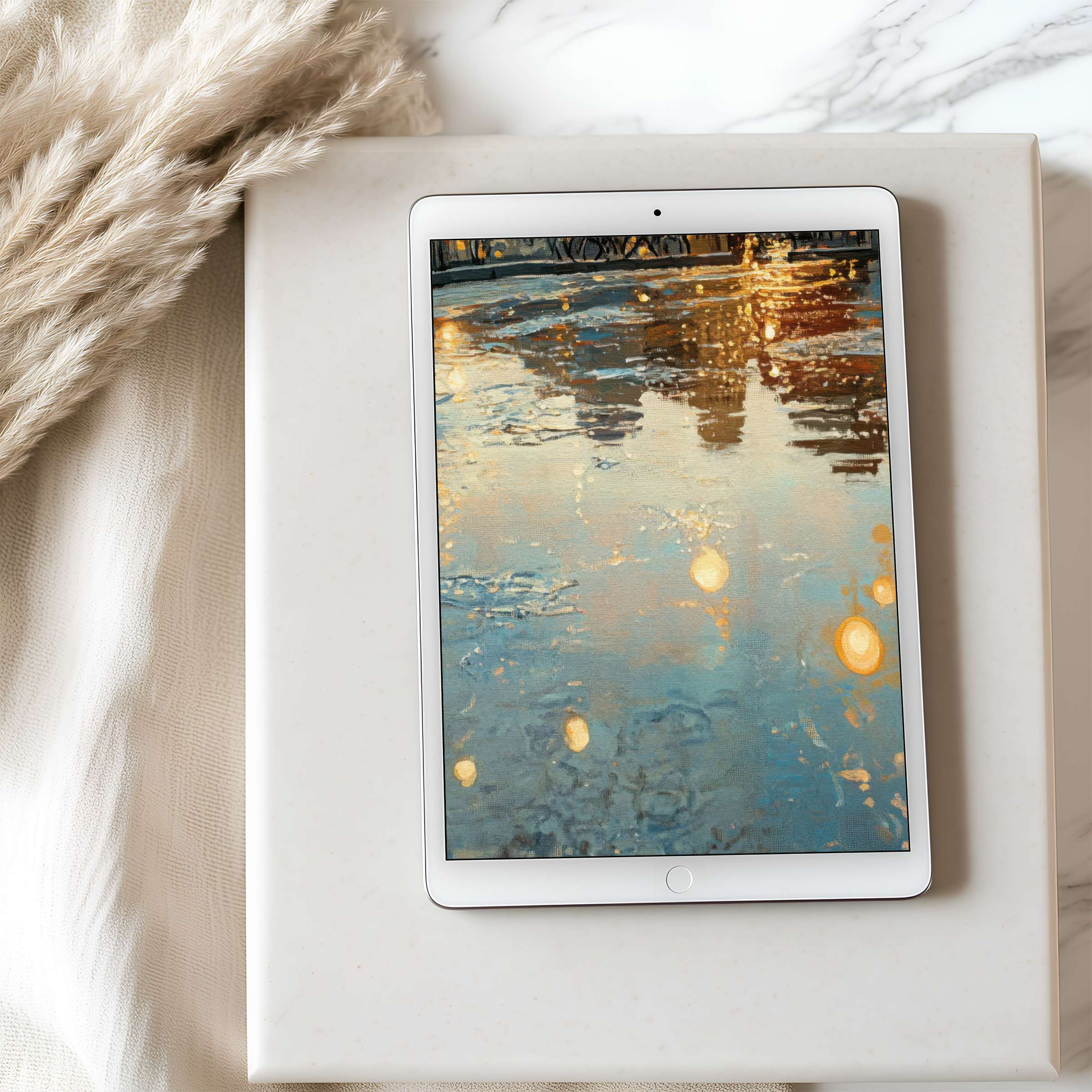 Elegant tablet wallpaper featuring serene reflections of city lights on water in high resolution, perfect for iPad and digital download