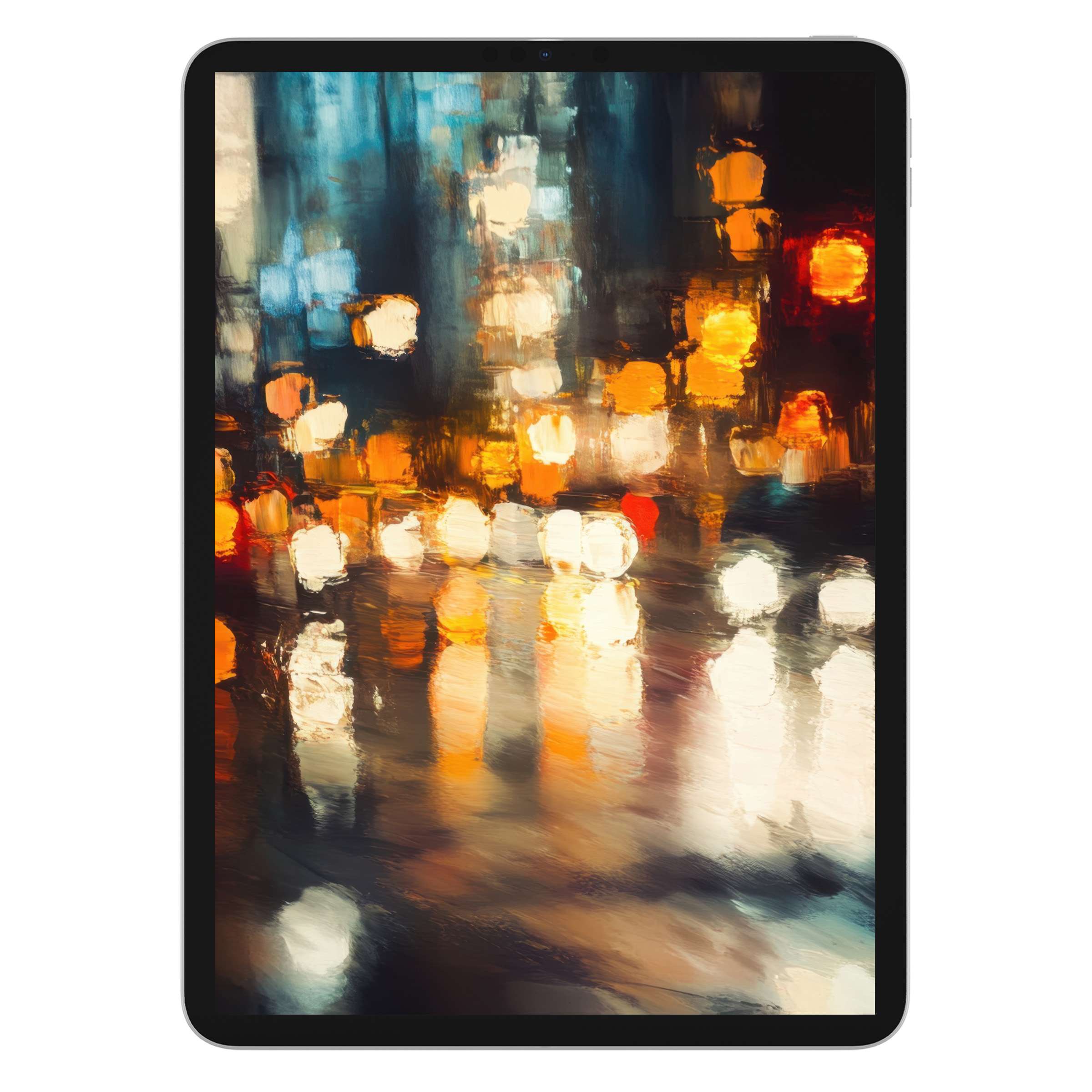 Urban art iPad wallpaper features vibrant city lights in blurred abstract style, perfect tablet background for serene digital download