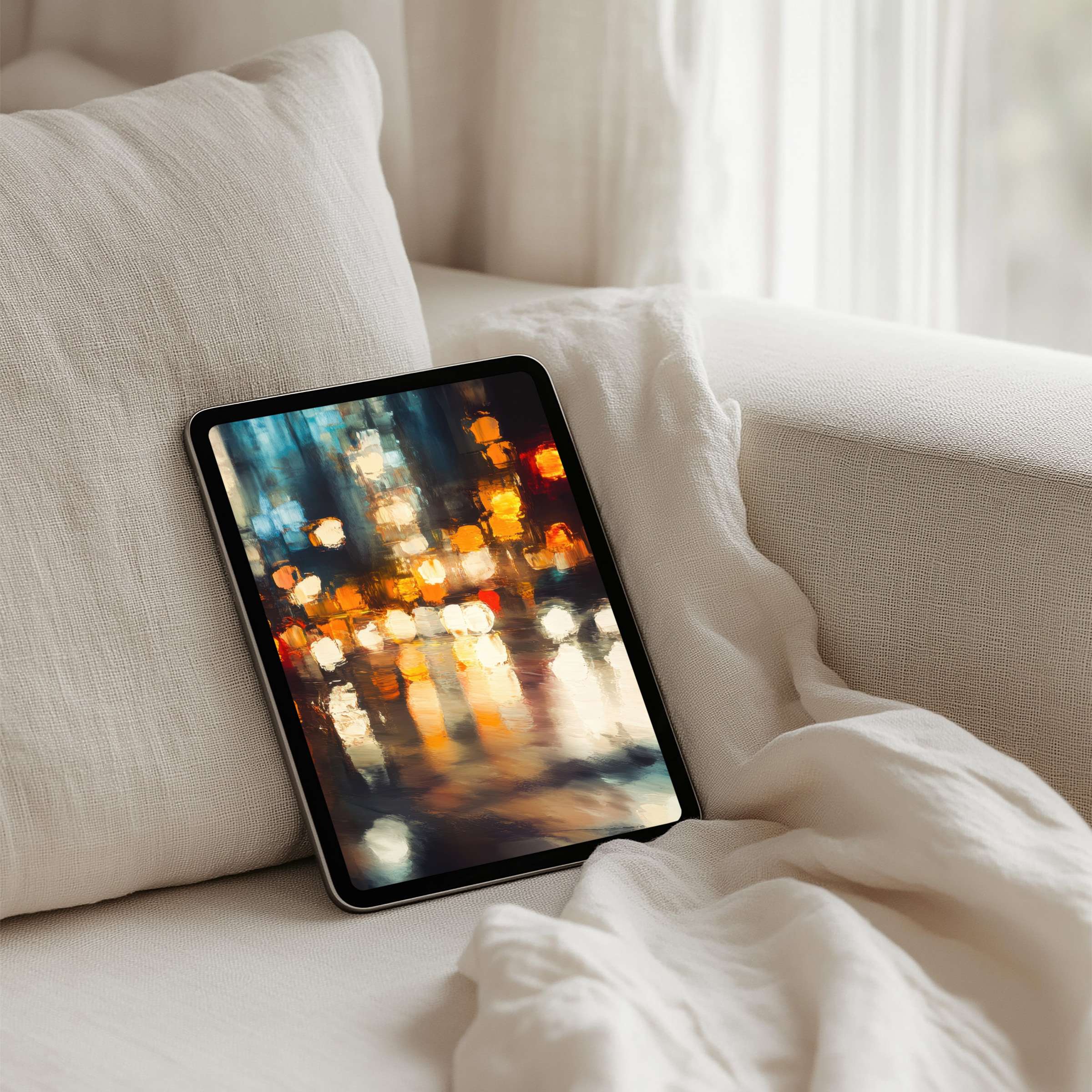 Elegant abstract cityscape iPad background in soft, calming hues, perfect for tablet users seeking instant download and inspiration