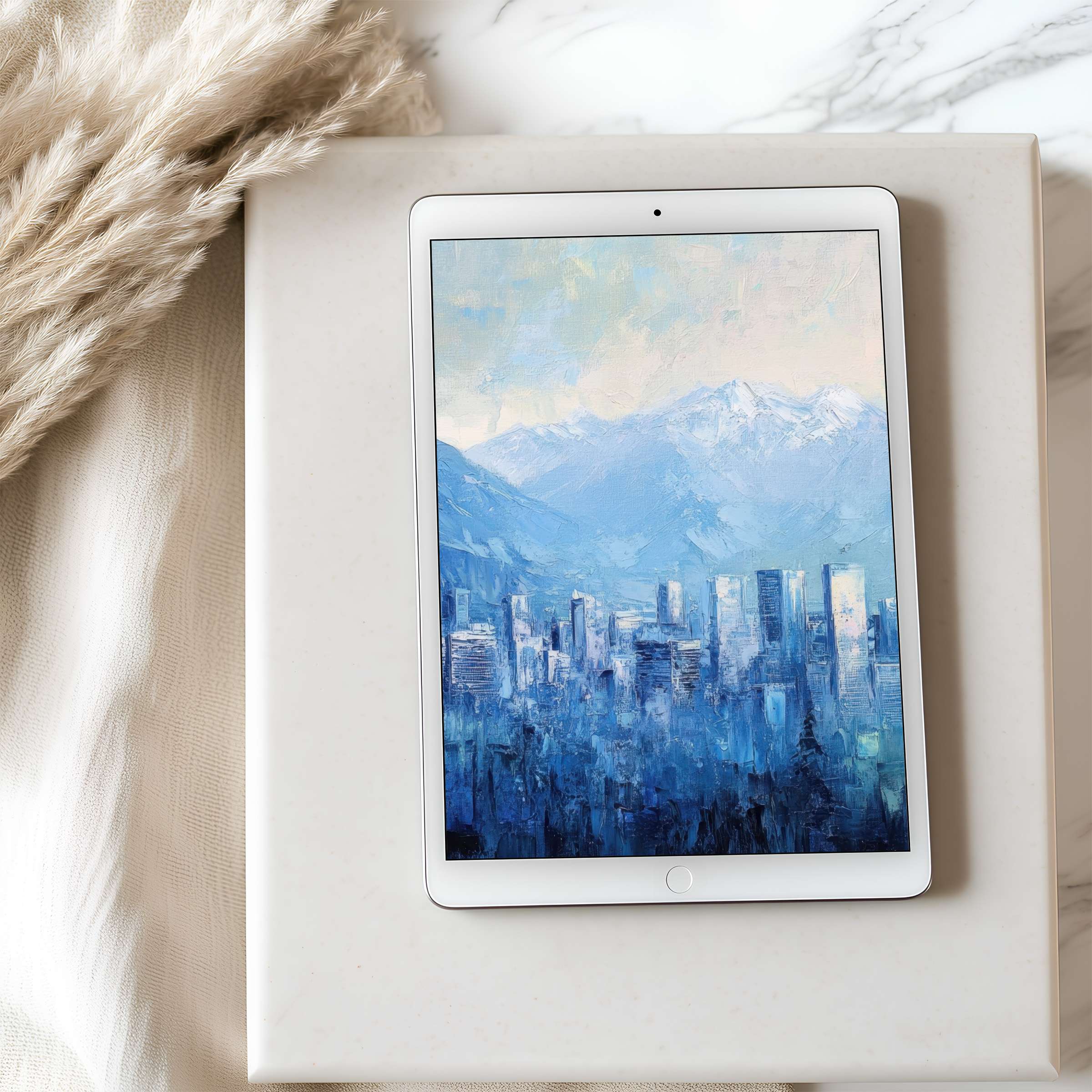 Elegant tablet wallpaper featuring a serene cityscape in blue tones, perfect for high-resolution iPad or Android, elevating digital calm