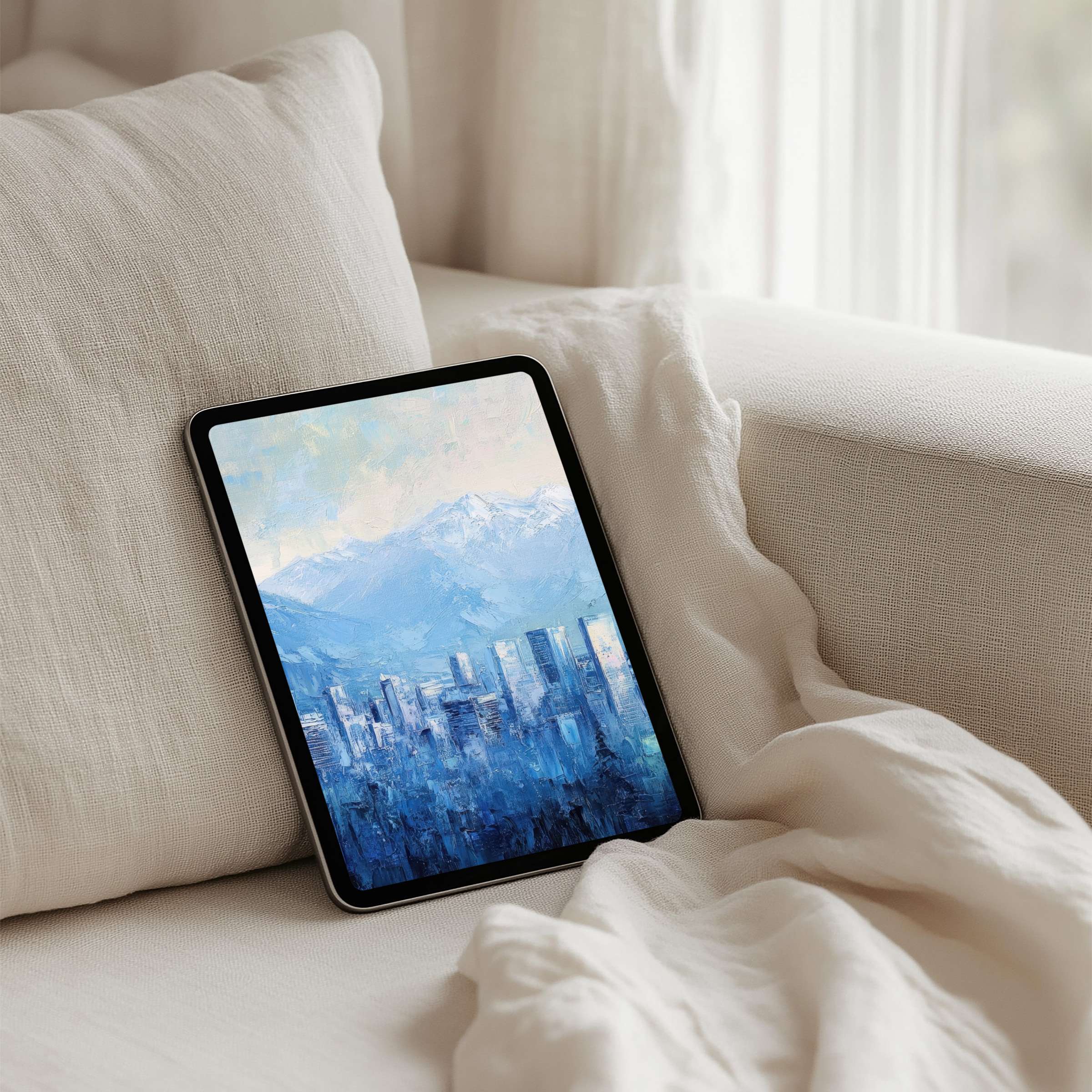 Serene blue cityscape iPad background for instant download offering elegance and inspiration for any tablet including Samsung and Android