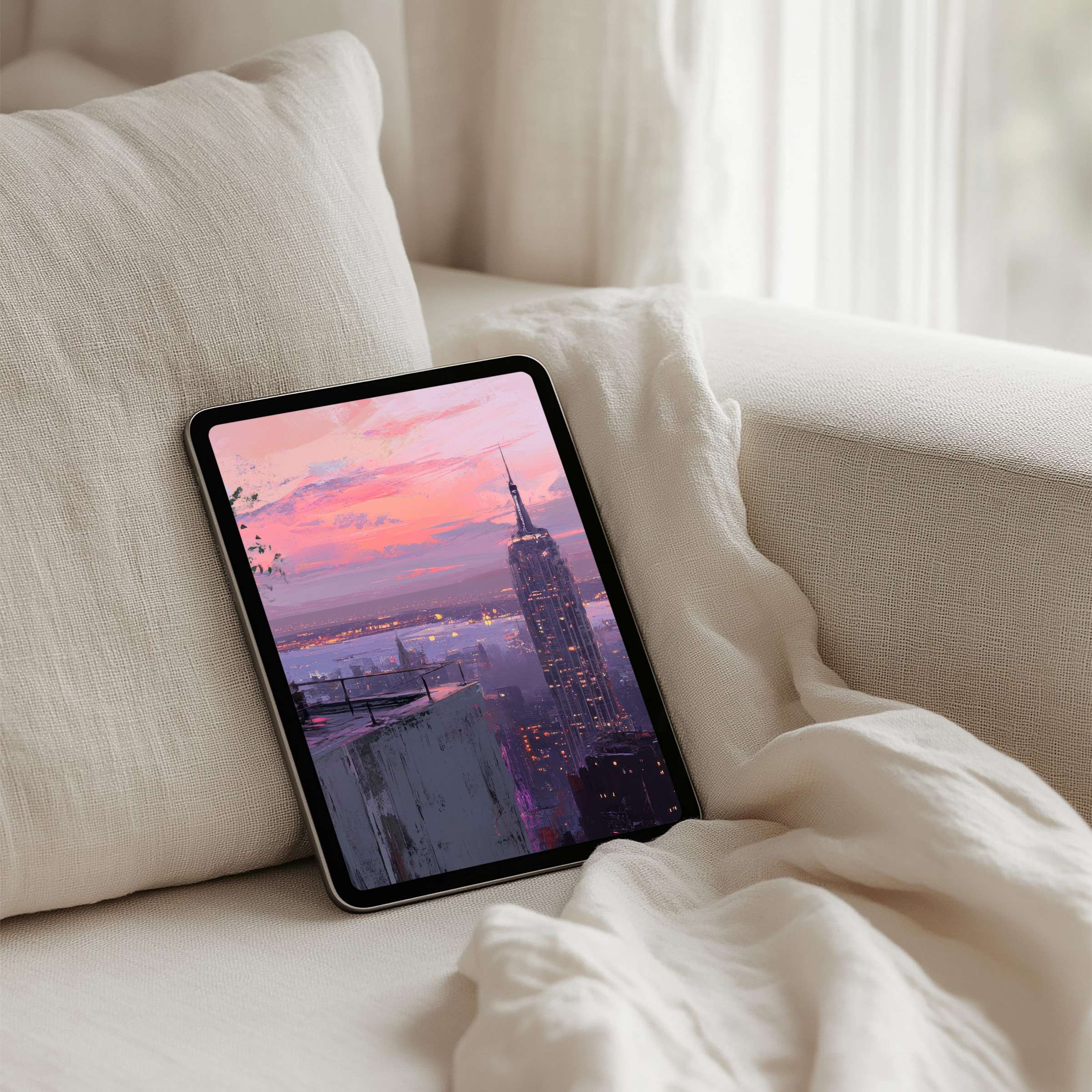 Elegant sunset cityscape iPad background offers instant download for tablet users seeking inspiration and mindfulness in sleek design