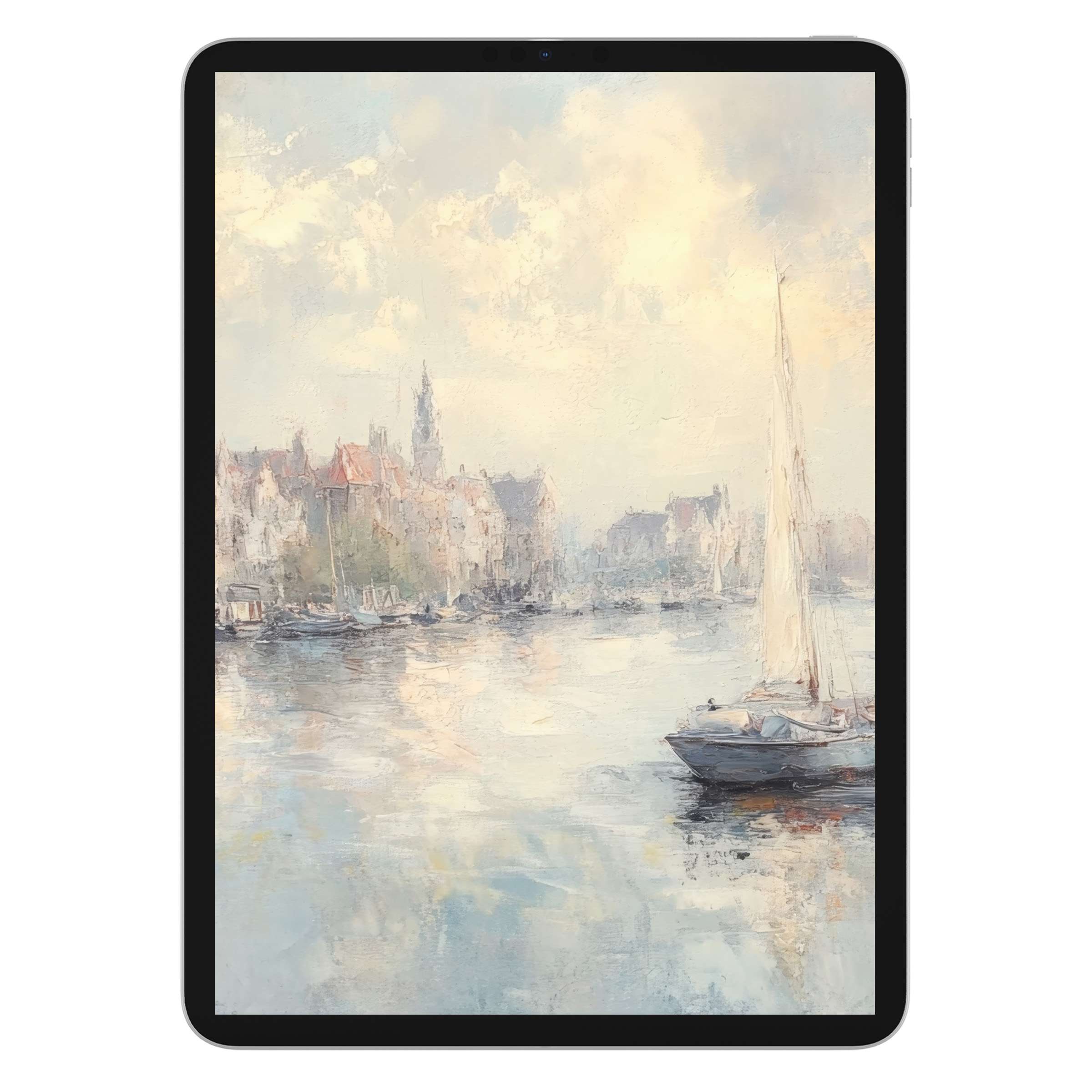 Serene urban art iPad wallpaper in pastel tones, perfect digital download background for tablet, featuring soft impressionist textures