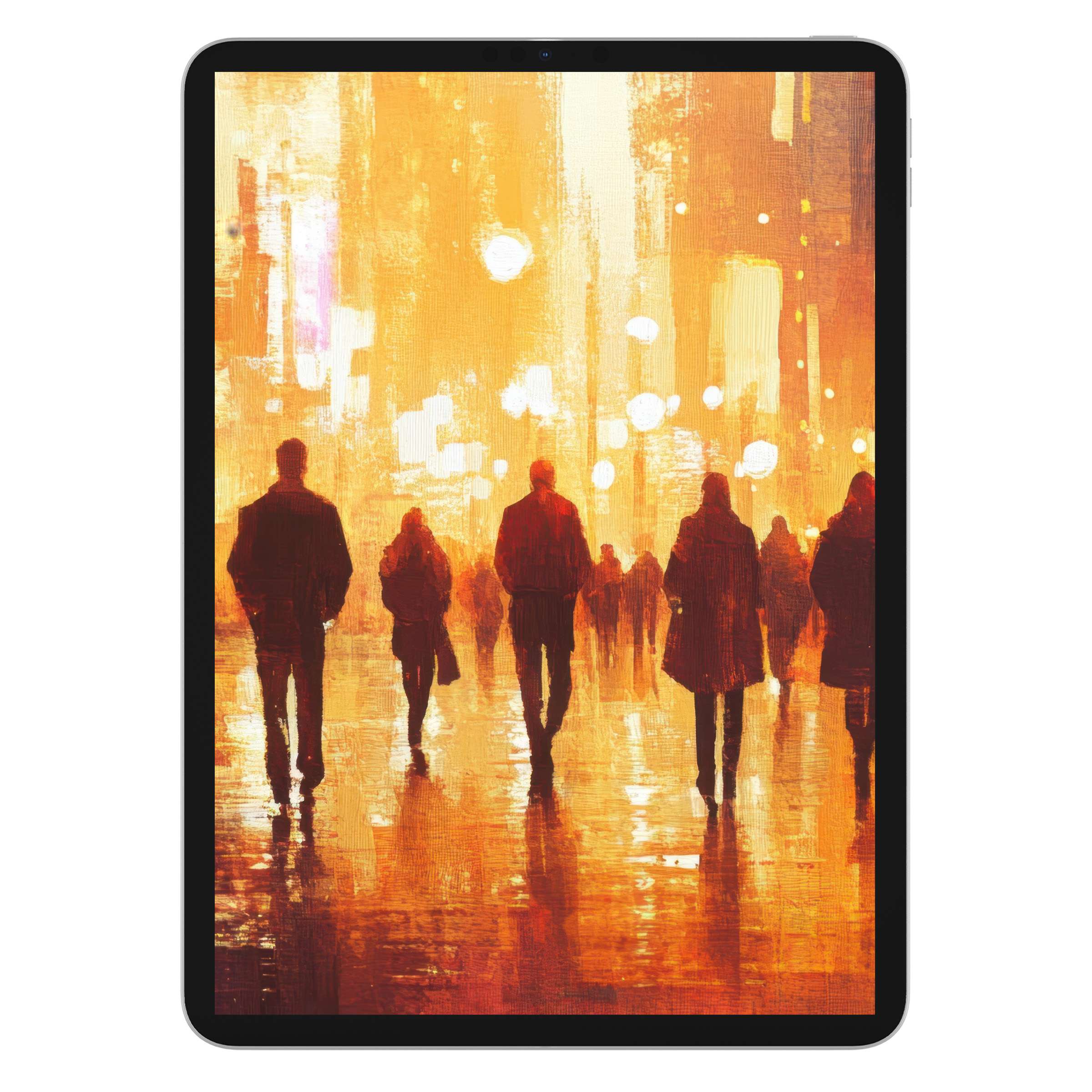 Urban art iPad wallpaper with warm orange hues and elegant silhouettes creates a calming tablet background digital download