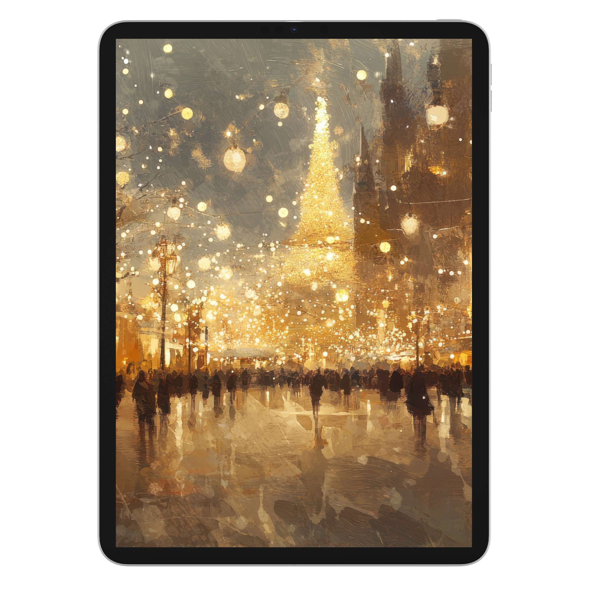 Urban art iPad wallpaper radiates warm golden lights and night reflections, ideal digital download background for any tablet device