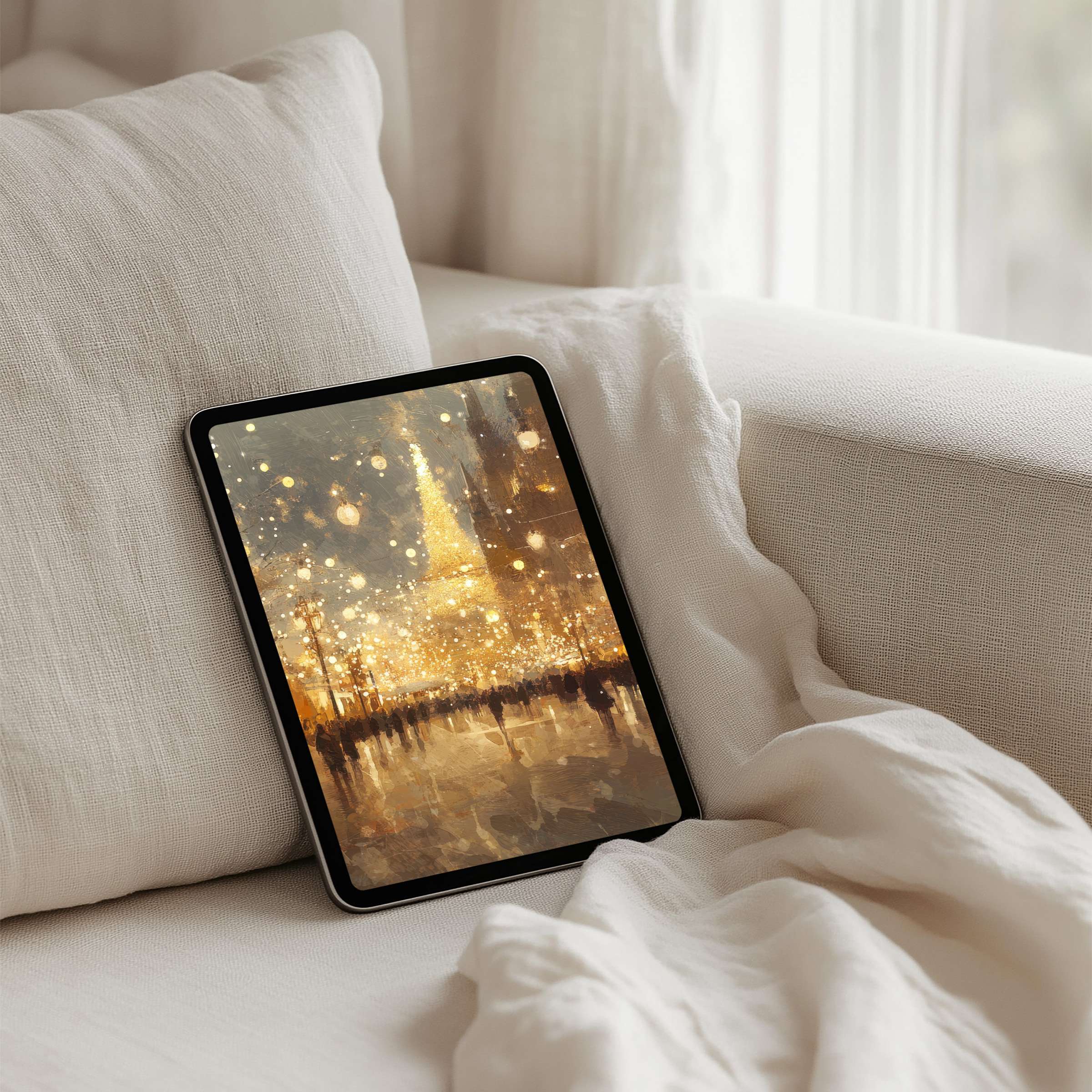 Elegant iPad background with serene golden hues offers instant download inspiring calm on any tablet including Samsung and Android