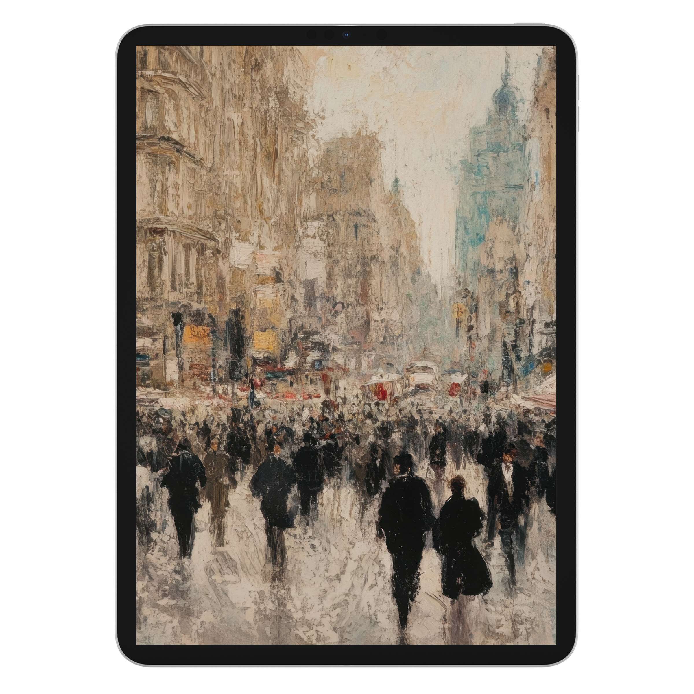 Urban art iPad wallpaper digital download captures a bustling cityscape in muted tones offering a sophisticated tablet background