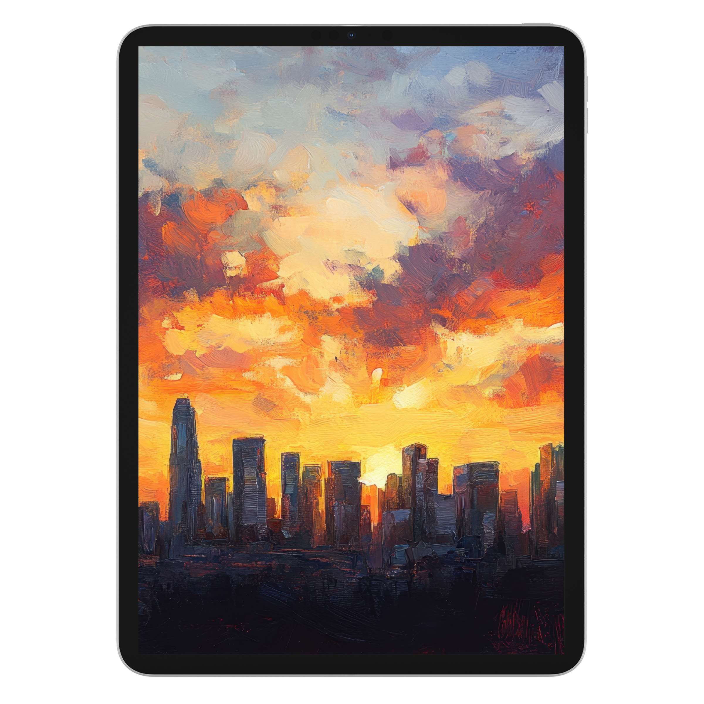 Vibrant urban art iPad wallpaper features a sunset skyline in warm hues, perfect digital download for elegant tablet background use