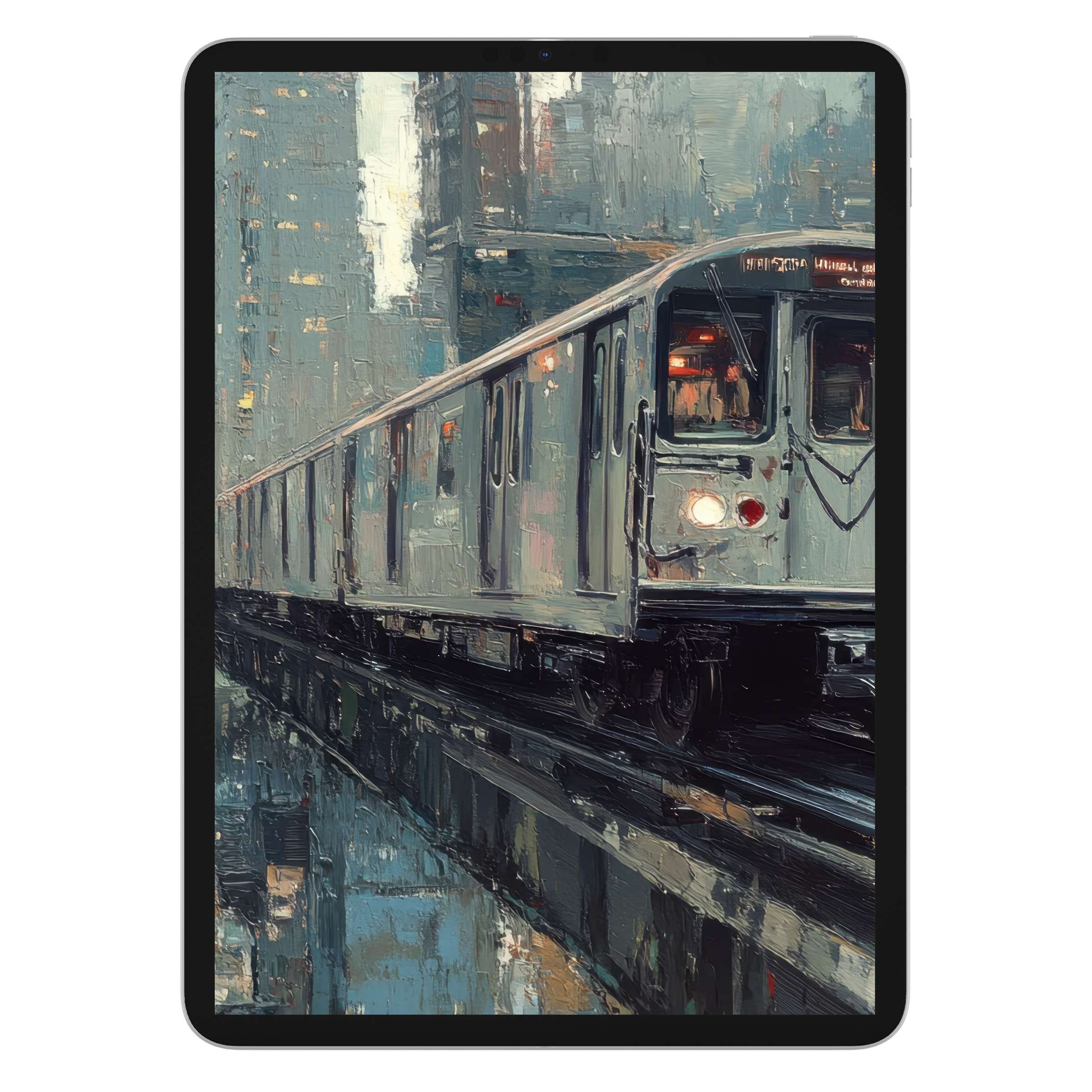 Urban art iPad wallpaper featuring a subway train in a textured cityscape, perfect digital download for tablet background elegance