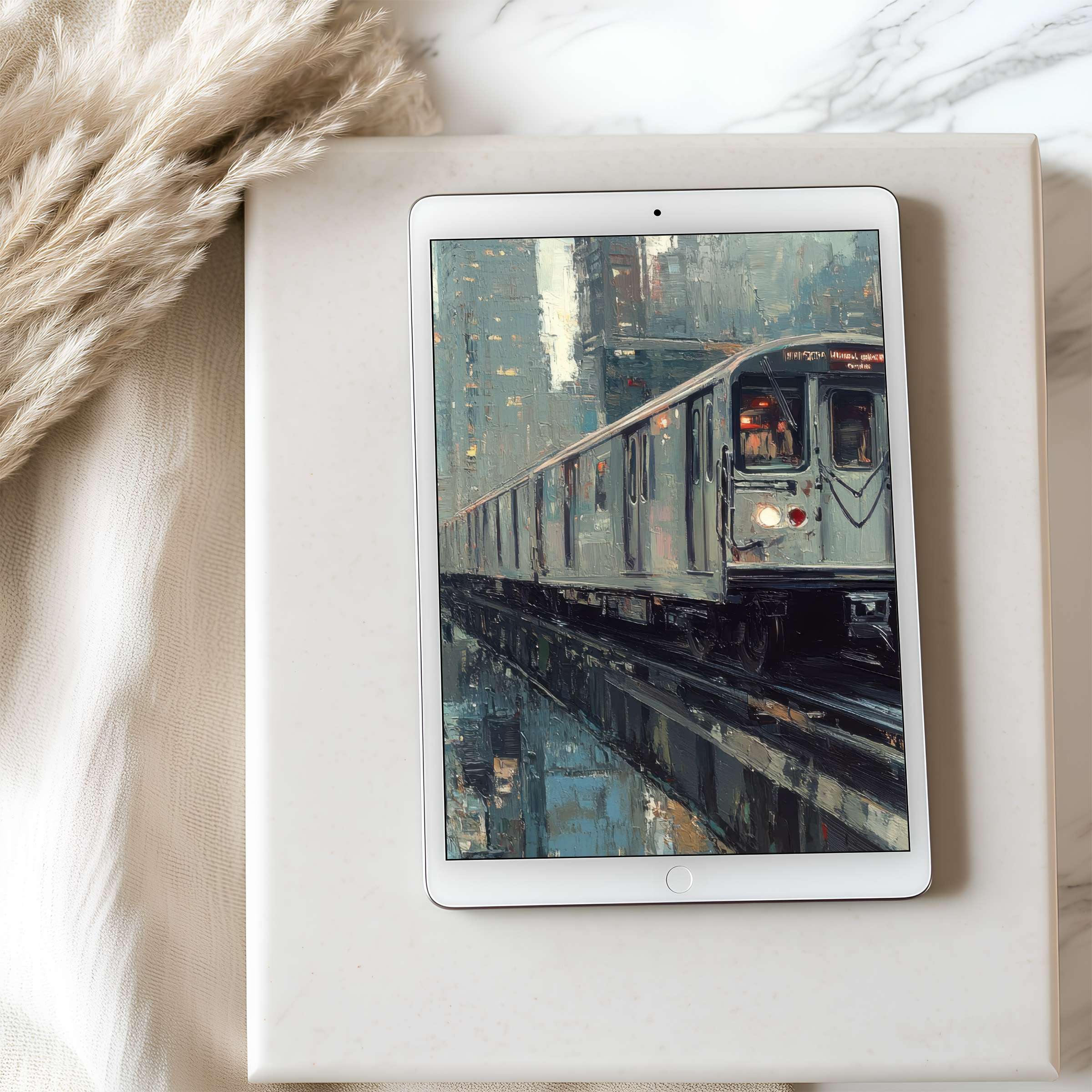Elegant urban train art on a tablet wallpaper reflects modern tranquility suitable for iPad downloads enhancing stylish decor