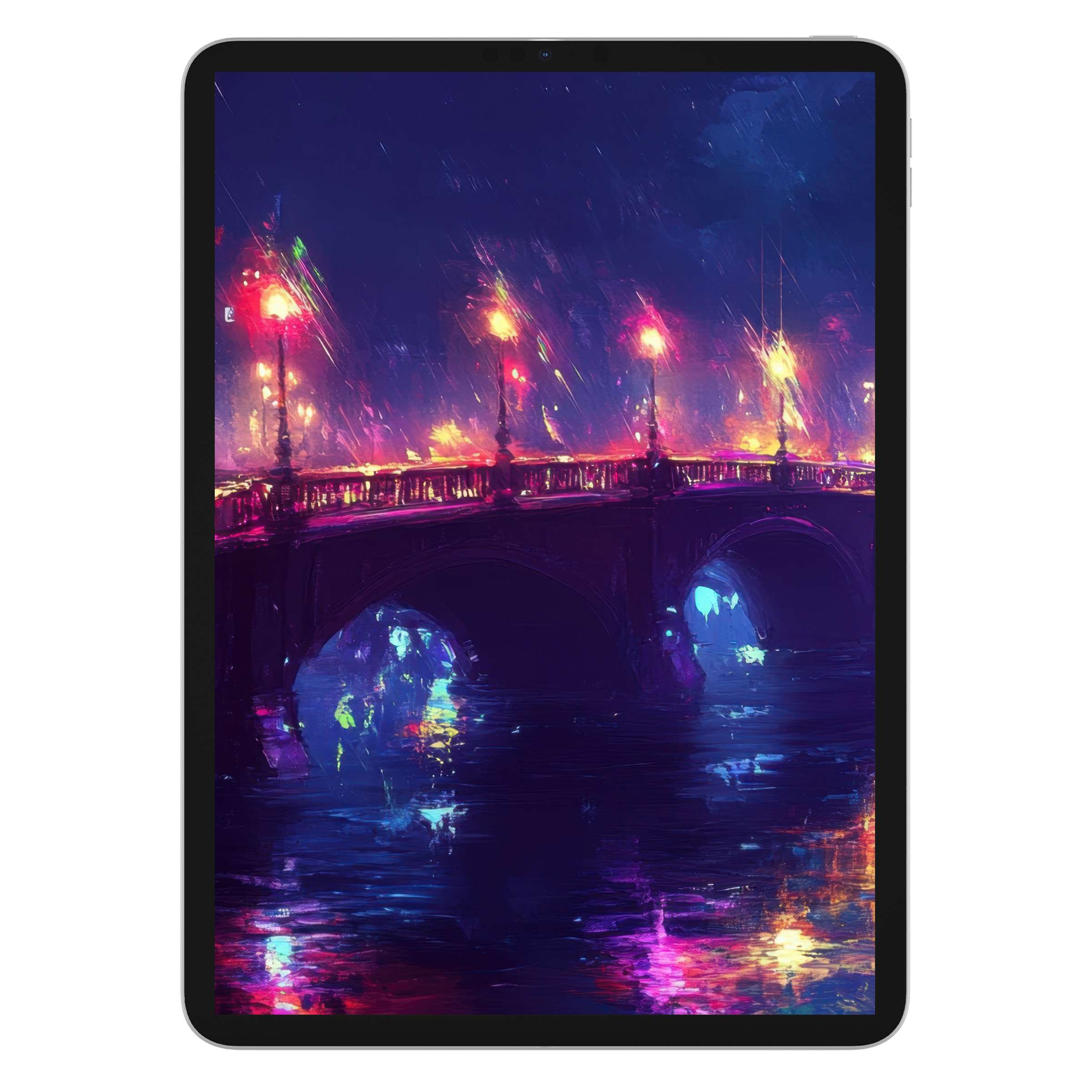 Vibrant urban art iPad wallpaper featuring a colorful bridge at night offers a calming digital download background for tablets