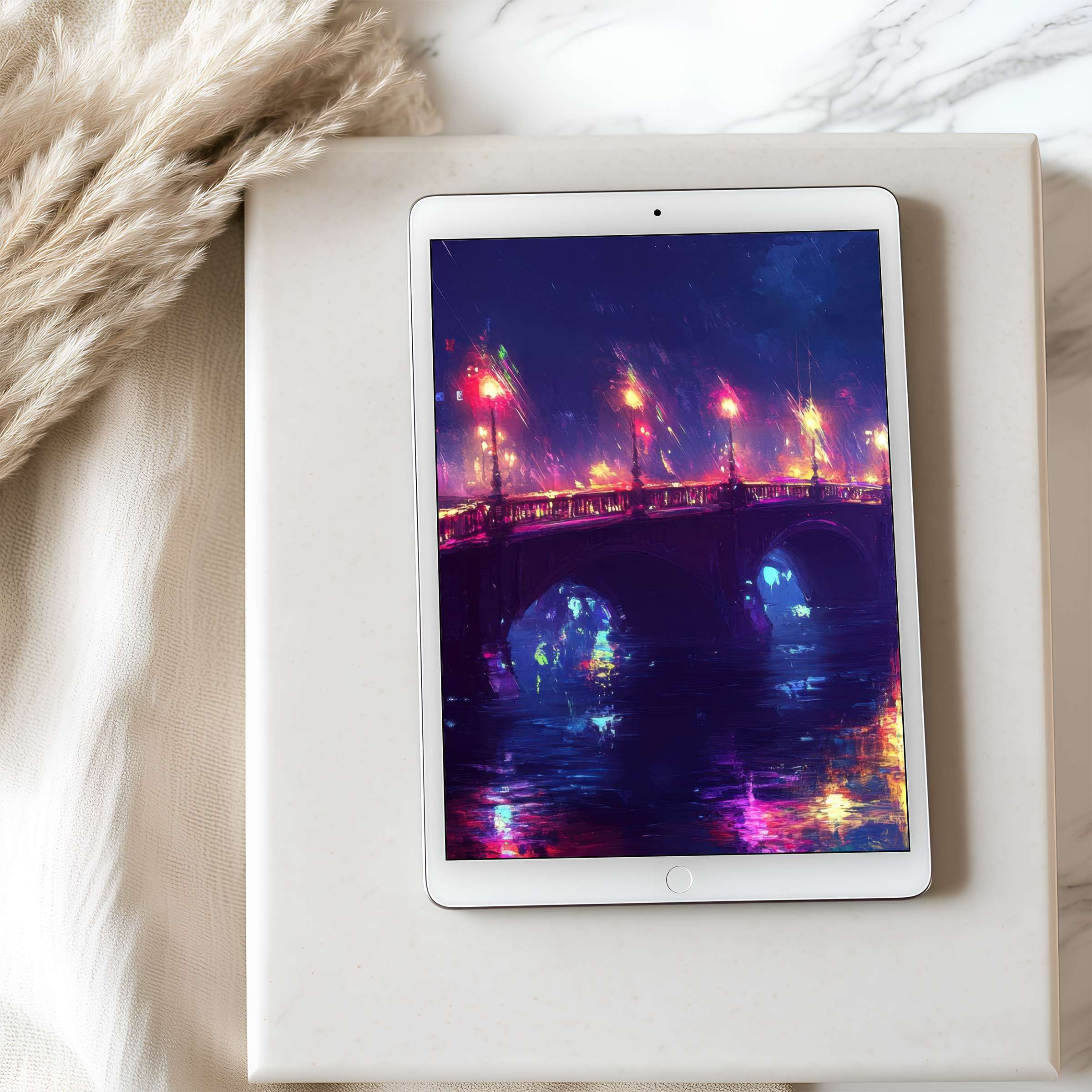 Bright cityscape painting on tablet wallpaper, vibrant colors reflect a serene bridge at night, perfect high-resolution digital download