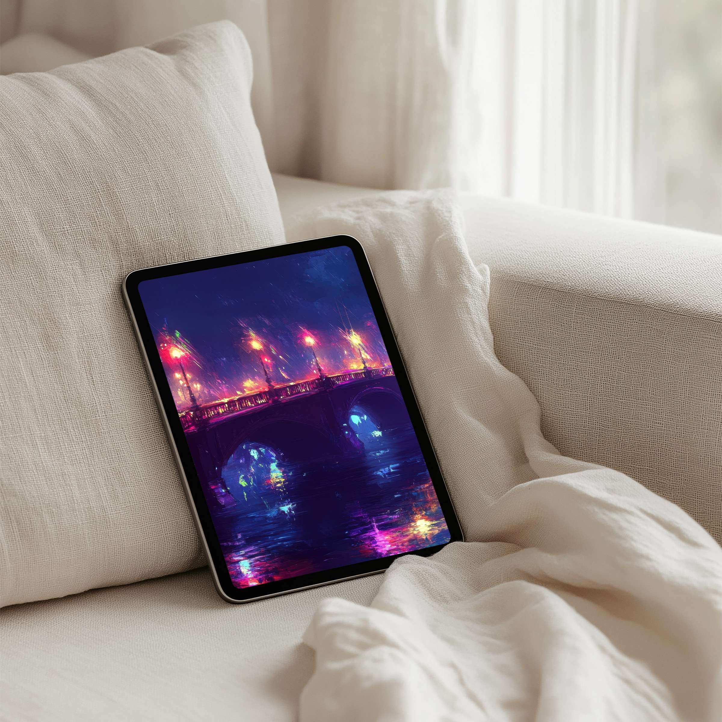 Elevate your iPad background with this calming tablet art showcasing a dreamy, colorful night bridge for instant download tranquility
