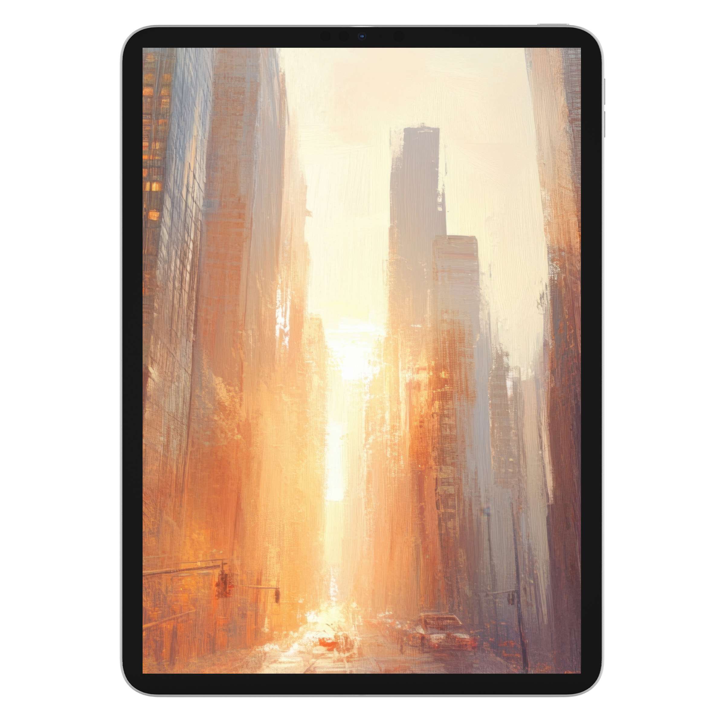 Warm-toned urban art iPad wallpaper evokes tranquility with abstract cityscape, perfect digital download for tablet background elegance