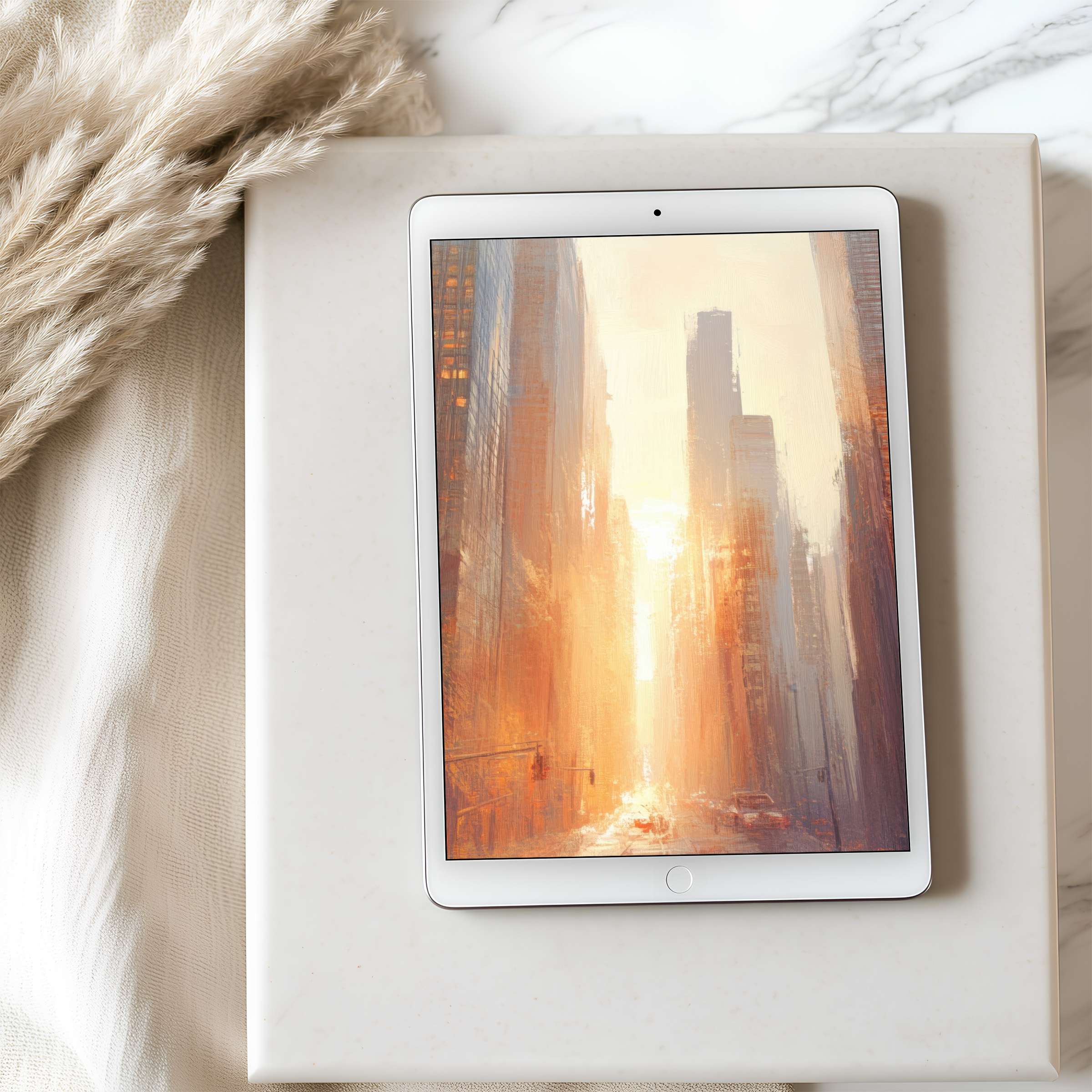 Tablet wallpaper showcasing a serene cityscape bathed in warm golden light perfect for iPad or Android digital download