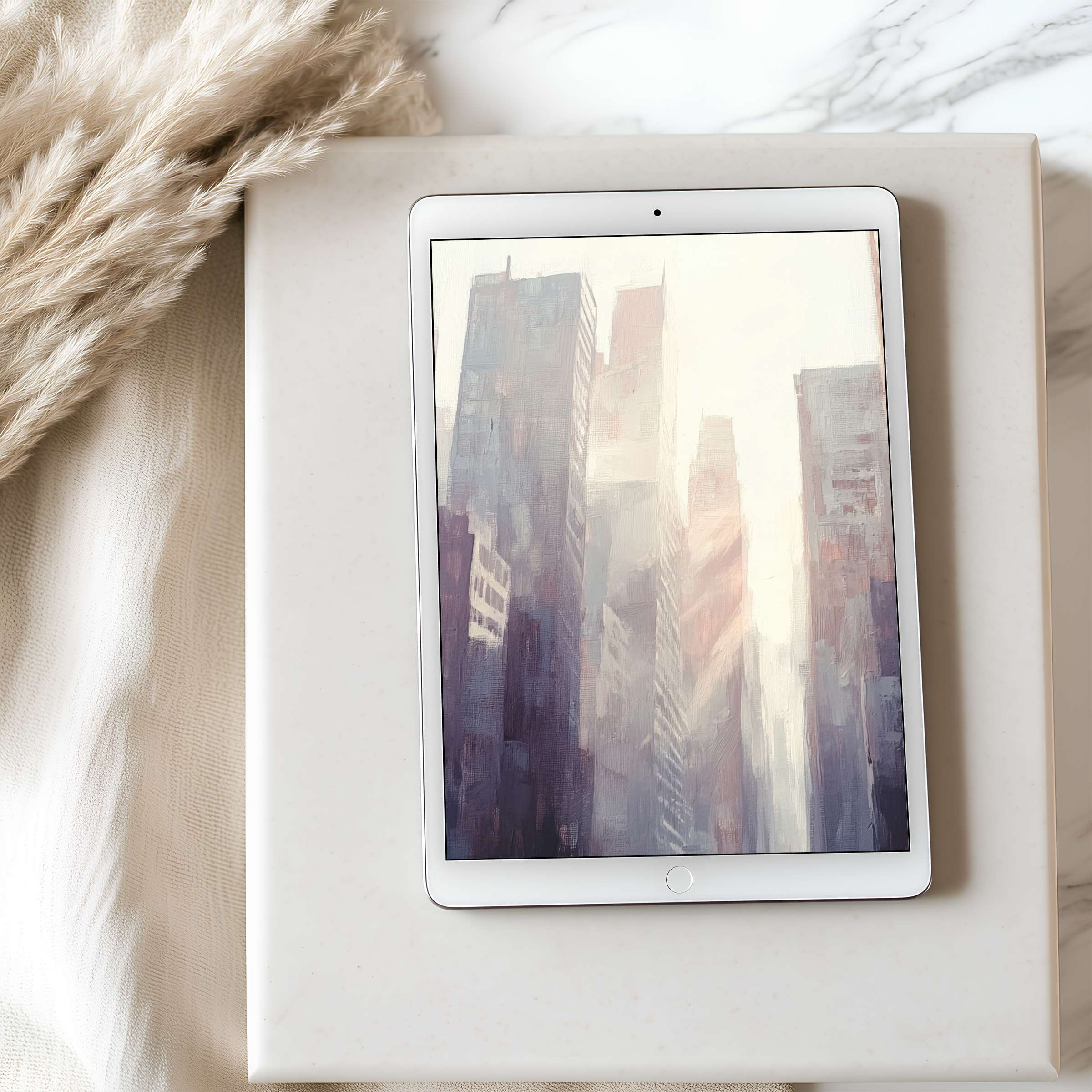 Elegant tablet wallpaper features a serene cityscape in pastel hues, perfect for iPad and Android tablets, offering high resolution and tranquility