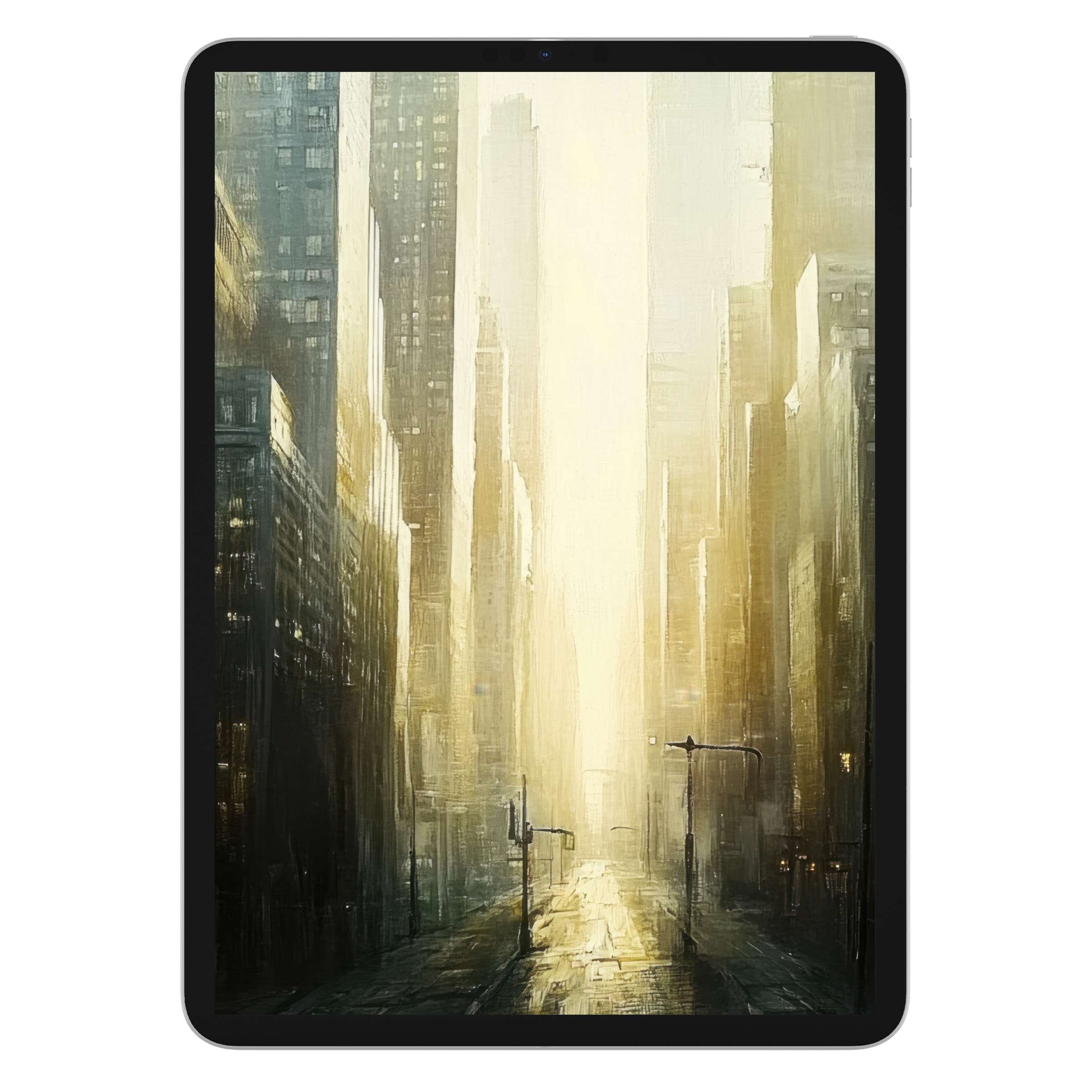 Urban art iPad wallpaper with serene cityscape background in muted tones perfect for tablet digital download and modern elegance