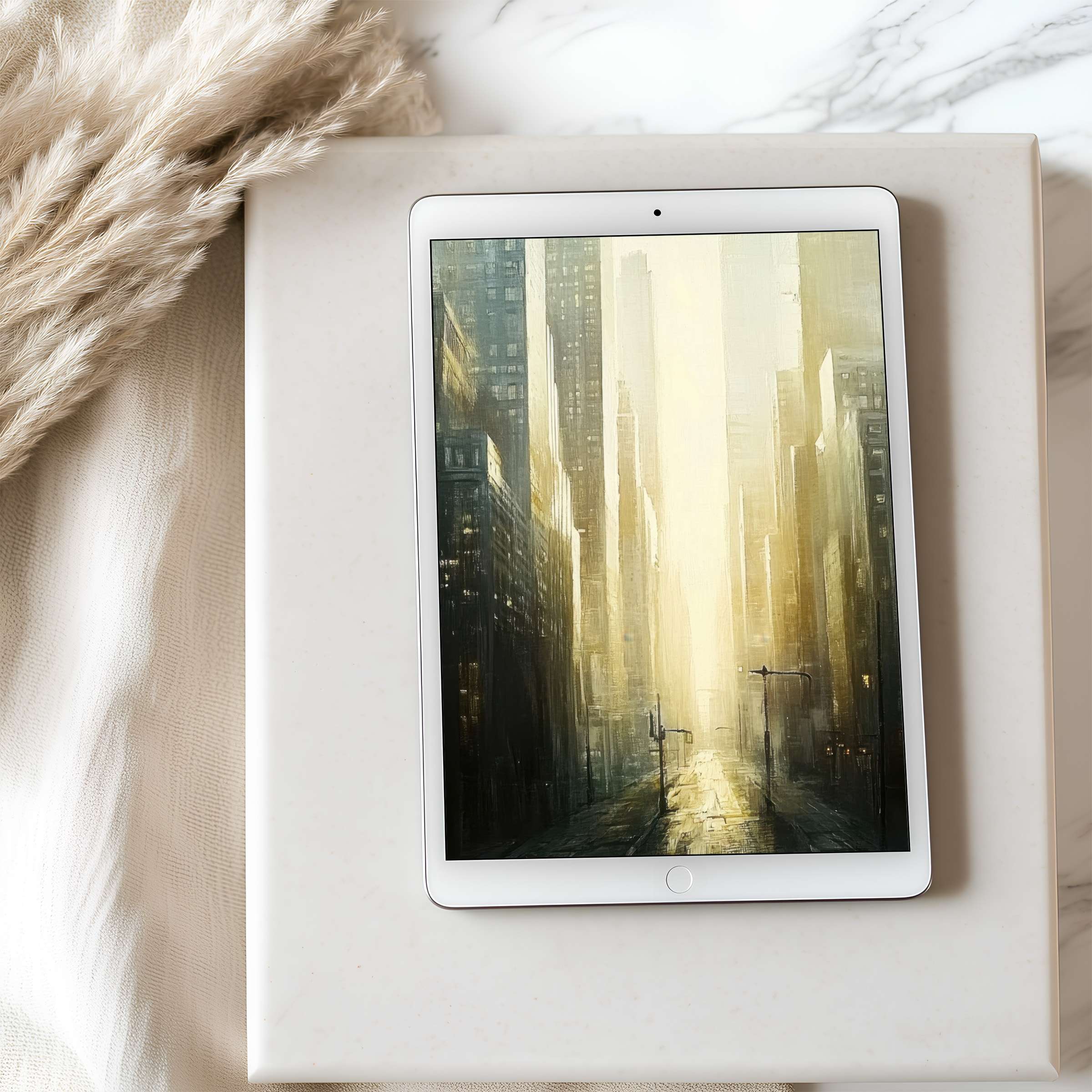 Elegant tablet wallpaper depicting a serene cityscape in warm hues, perfect for iPad or Android, enhances calm interior aesthetics